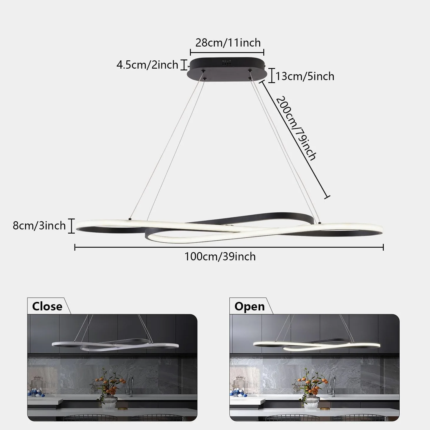 Lampadario Moderno a LED Dimmerabile Nero per Sala da Pranzo - Luce Sopra il Tavolo, Illuminazione Moderna per Isola Della Cucina con Telecomando, Altezza Regolabile