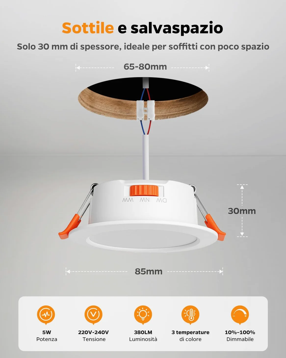 Sanyoung Faretti LED da Incasso per Cartongesso Dimmerabile 5W, Set di 20 | Foro 65-80mm, Luce Caldo Luce Naturale Luce Freddo, 380LM, Impermeabile IP44, Faretto LED 220V per Bagno