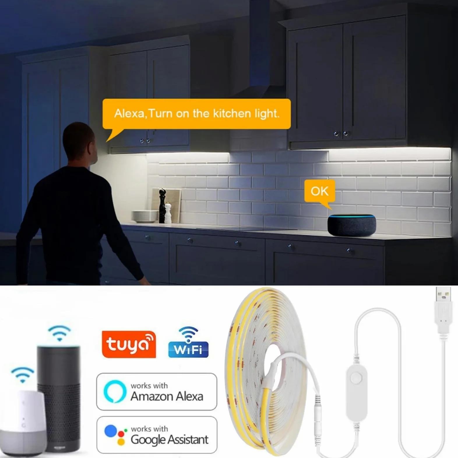 Striscia LED Smart Life APP Controllo dimmerabile 5V USB 320LED Armadio da cucina a parete con luce lineare(White,5 Strip with Wifi,2m)