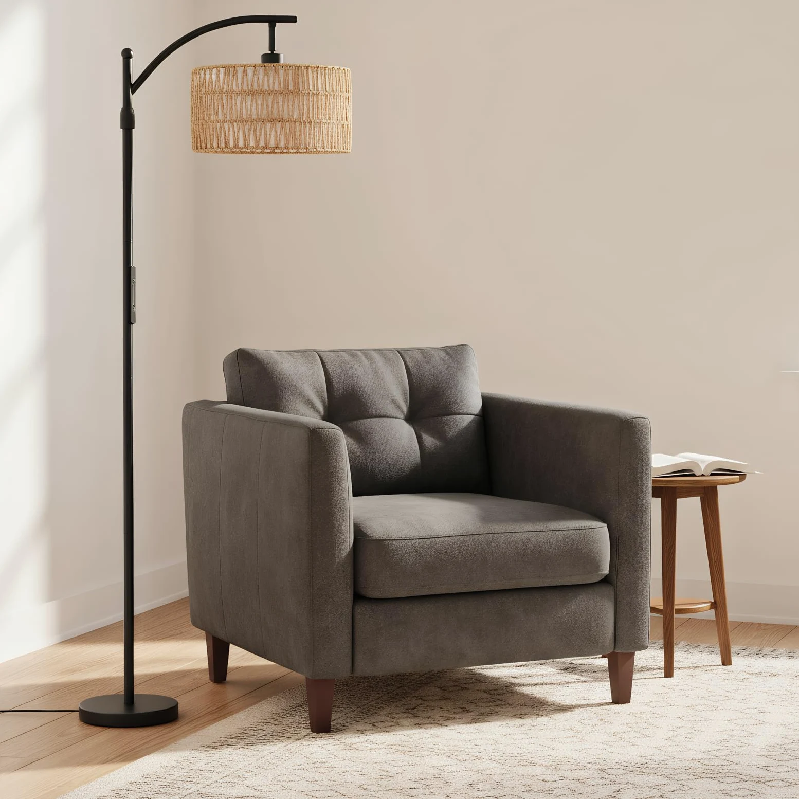 OUTON Lampada da Terra in Rattan, Lampada ad Arco Dimmerabile con App, Telecomando e Comando Touch, 4 Temperature di Colore, 2 Paralumi, Piantana LED da 12W per Soggiorno, Camera, Ufficio, Nero