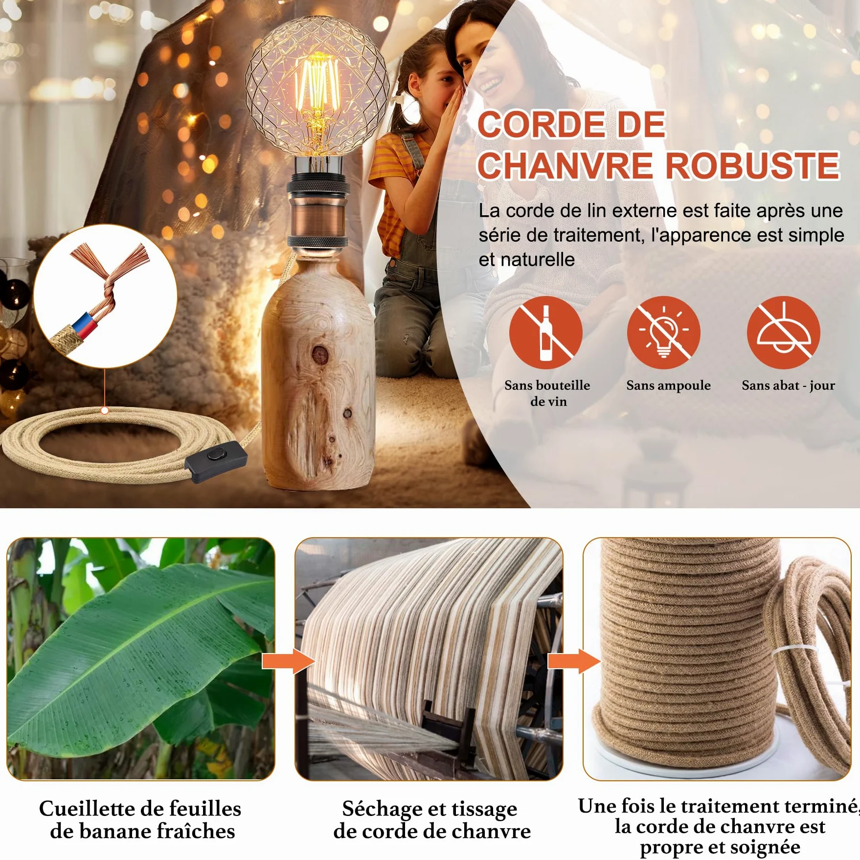2PCS Kit Lampada Bottiglia, Portalampada E27 con Cavo di Canapa da 240CM, Supporto per Lampada Bottiglia, 3 Tappi Flessibili, Adattatore per Bottiglia per Portalampada, Può Fare da Paralume, Rosso