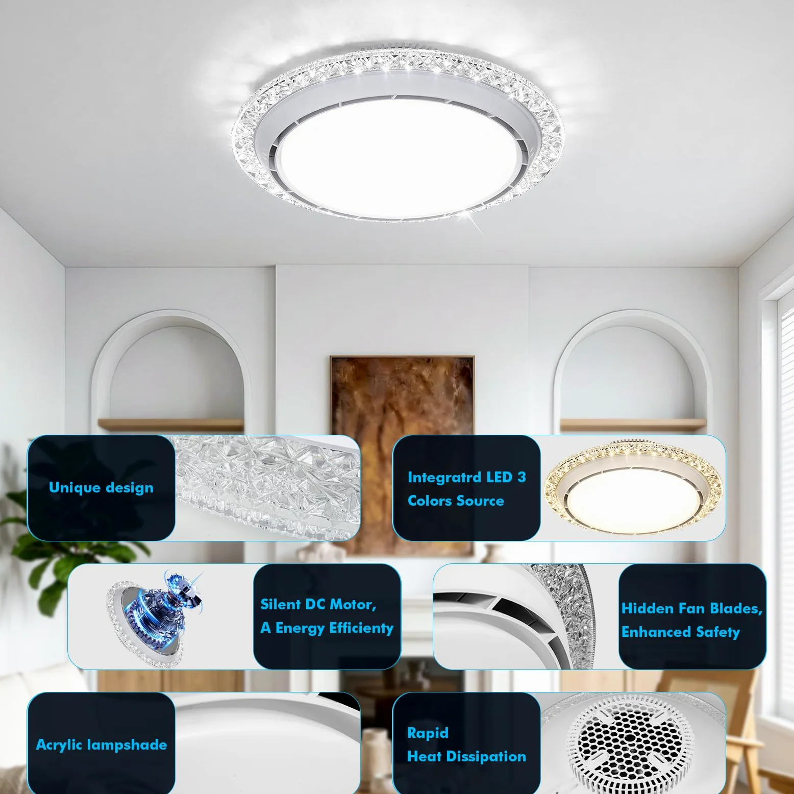 49.5cm Ventilatore da Soffitto con Luce e Telecomando,Lampadario Ventilatore da Soffitto Silenzioso con 3000-6500K Dimmerabile, 6 Velocità, Timer, Memoria,Plafoniera per Soggiorno Camera da Letto