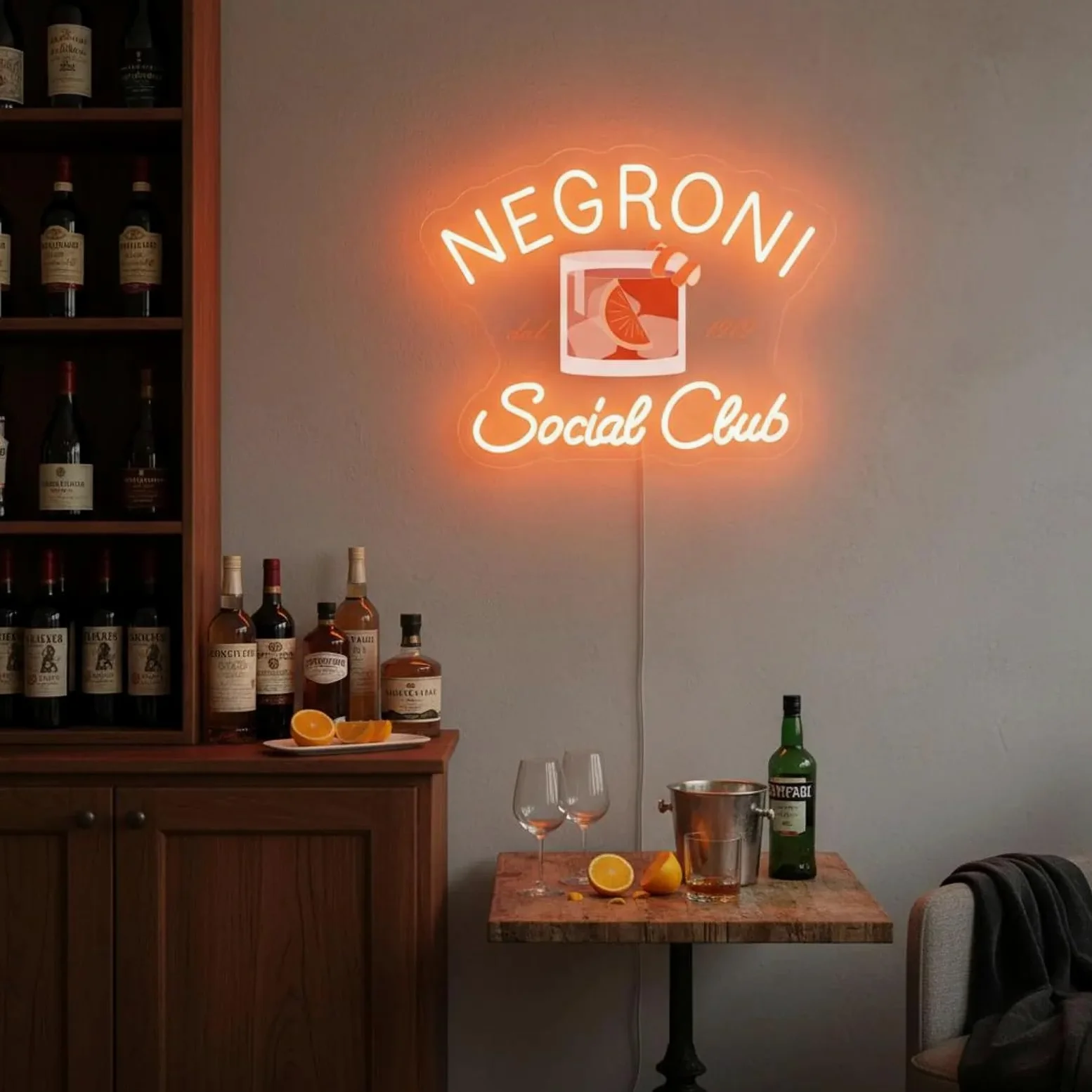 Negroni Social Club Targa LED Neon – Decorazione da parete retrò per cocktail per bar e home bar, regalo per gli amanti del Negroni e barkeeper