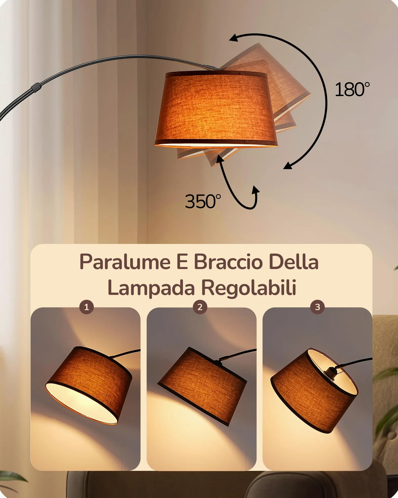 EDISHINE Lampada da Terra per Soggiorno, Altezza Regolabile 143-176 cm, Lampada ad Arco con Testa Rotante, Struttura in Metallo, Telecomando Magnetico, Dimmerabile, Attacco E27 con LED 9W Inclusa