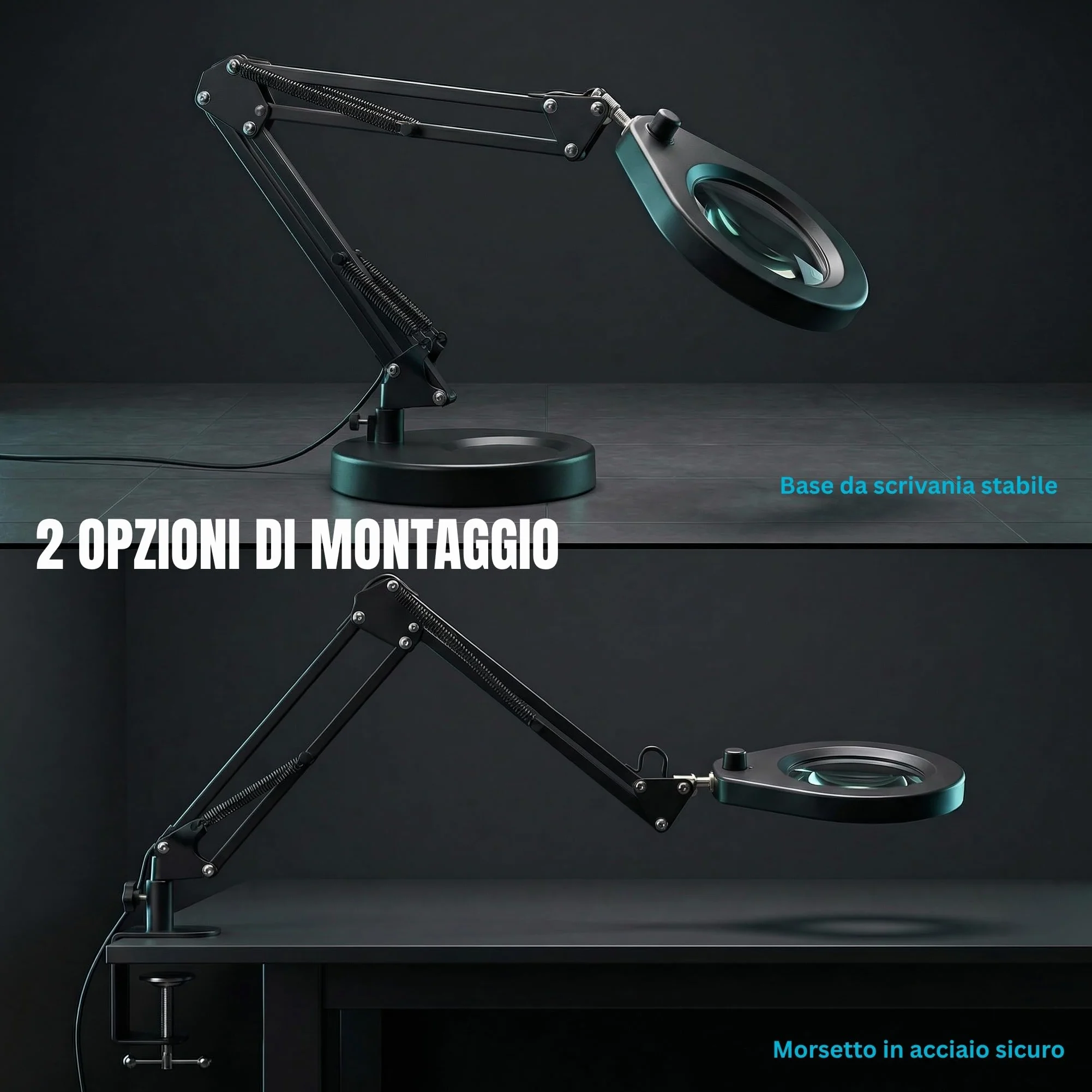 Lampada di Ingrandimento con Base e Morsetto, Lente Illuminata 105 mm 5x, Luce Regolabile (5 Colori, 10 Livelli, 790 LM), Braccio Orientabile Regolabile - Mani Libere per Lavori di Precisione
