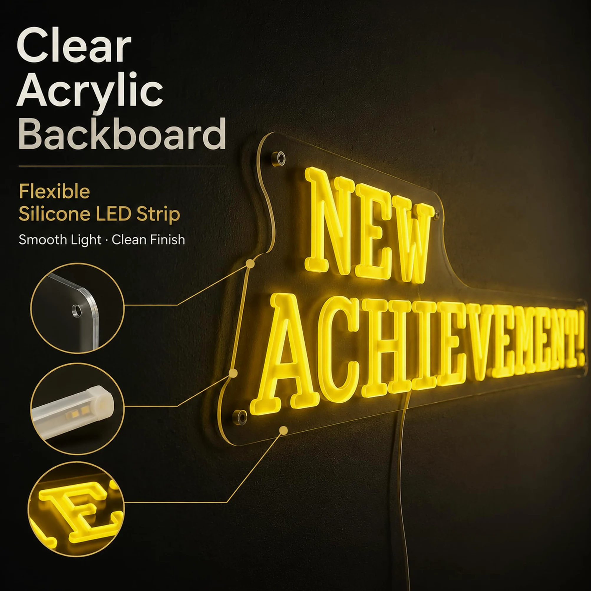 Targa al neon con scritta "NEW ACHIEVEMENT!", 45 x 15,2 cm, decorazione da parete a LED gialla, con retro in acrilico, alimentata tramite USB, per la stanza dei videogiochi, per la camera da letto e
