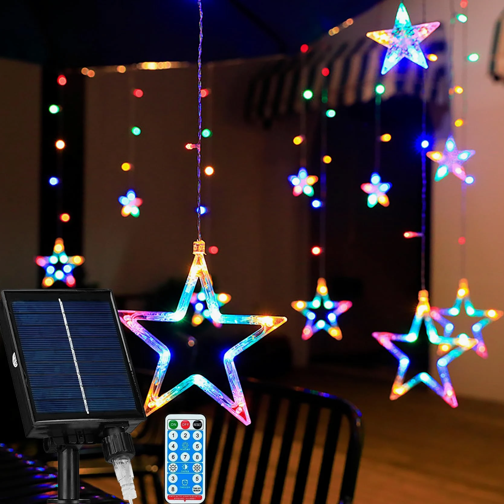 Tenda Luci LED Solare 138 LED Impermeabile Stella Luna Tenda Luminosa con Telecomando, 8 Modalità Illuminazione per Natale, Feste, Compleanno, Matrimoni, Finestra (Multicolore)