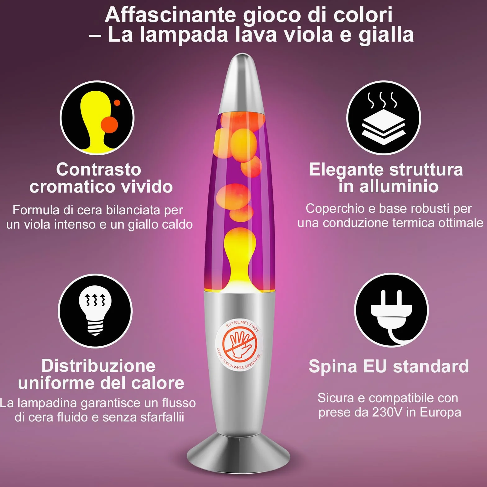 Lampada Lava 34 cm Viola e Gialla – Lampada a Lava Retrò Decorativa – 2 Lampadine R39 25W E14 – Luce d’Atmosfera Rilassante per Camera e Soggiorno, Idee Regalo