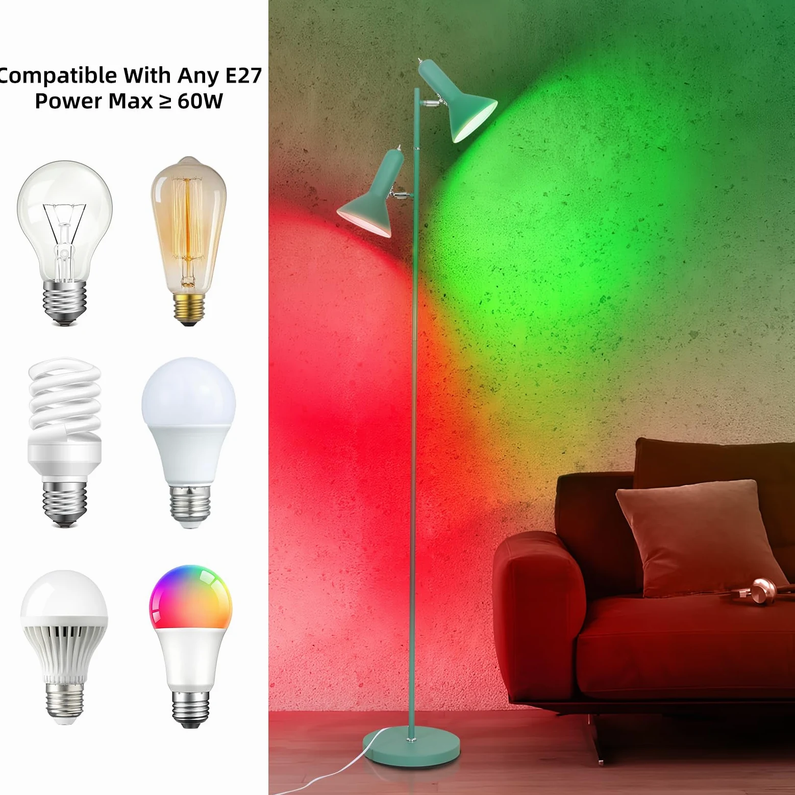 Lampa de Pie de Salotto DIYA-Verde, 2x E27 MAX. 60W Floor lamp, Lampada da Terra Vintage altezza 171CM, Lampada da Terra Retrò in Metallo per Camera da Letto, Studio, Ufficio, Pianta
