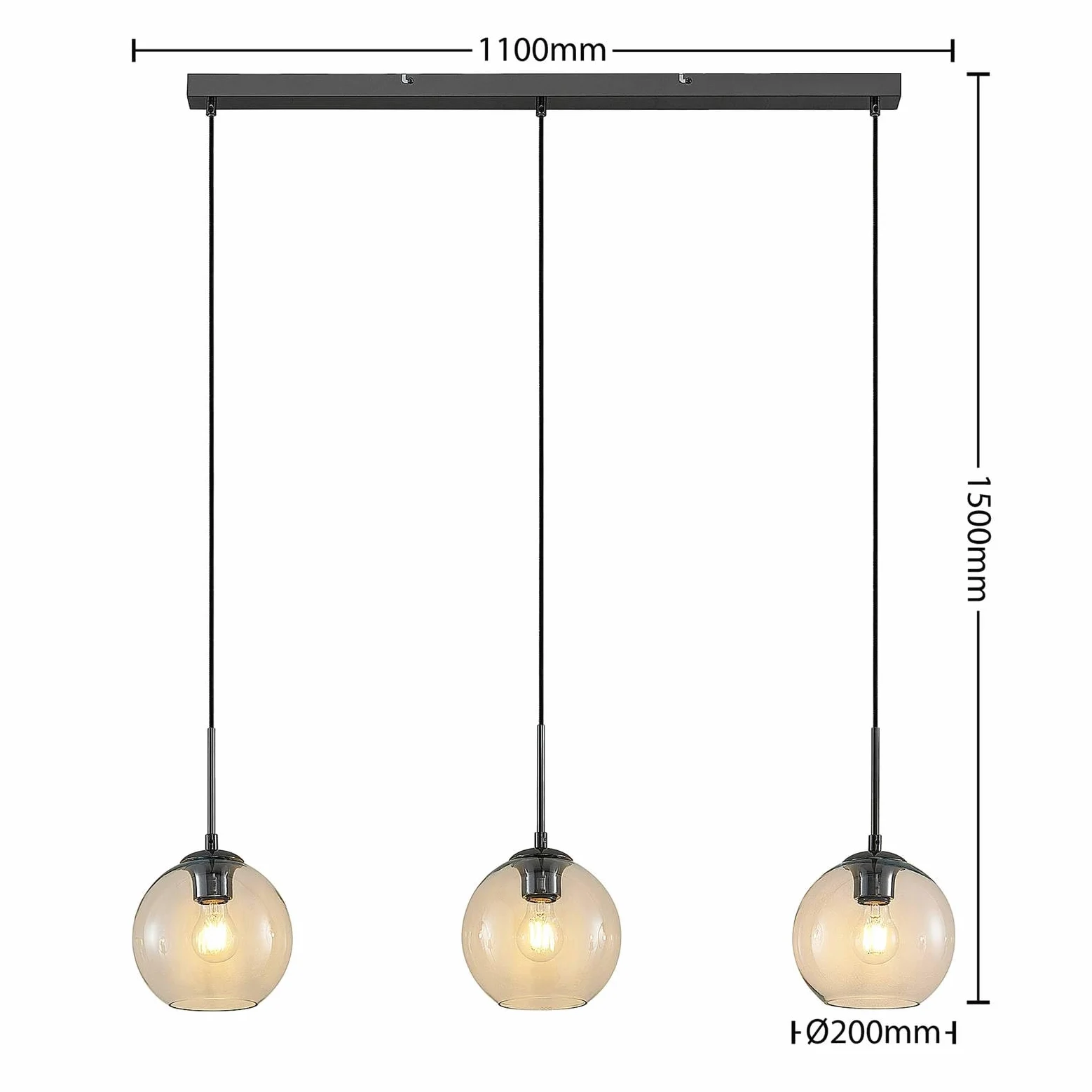 Lindby Lampadario a Sospensione 3 Sfere in Vetro 110 cm, Lampada Pendente Antracite Industrial Vintage 3x E27 Cucina Sala da Pranzo Soggiorno
