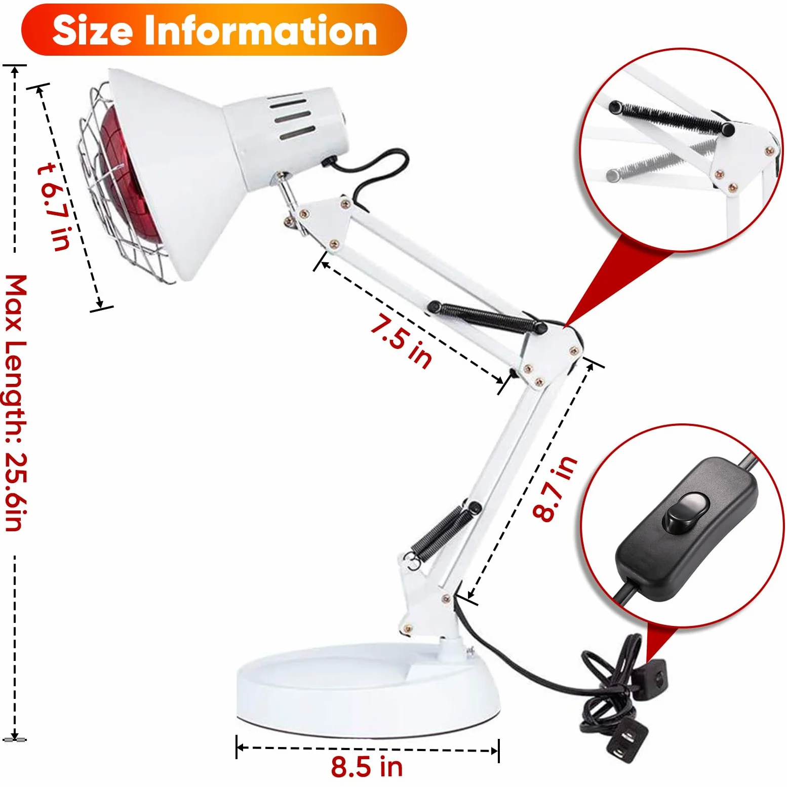 AUOROSI lampada infrarossi 100W,Lampada riscaldante a luce rossa, 600nm-1400nm Lampada per fisioterapia,Infrarossi terapia per uso domestico,Bianca