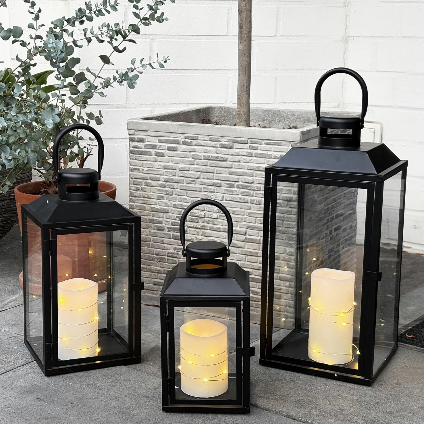 Set di 3 lanterne da giardino, lanterne in metallo, per esterni, in metallo, colore nero, altezza 24/33/41 cm