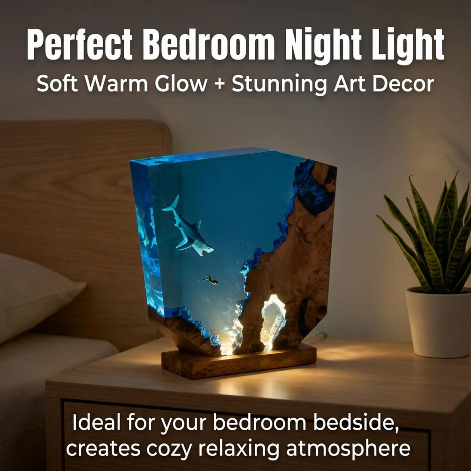 Lampada Resina Epossidica, Luce Notturna con Design Oceano 3D | Lampada LED artigianale in resina e legno per scrivania, comodino, camera e arredamento casa(15*13cm/5.9*5.1in)