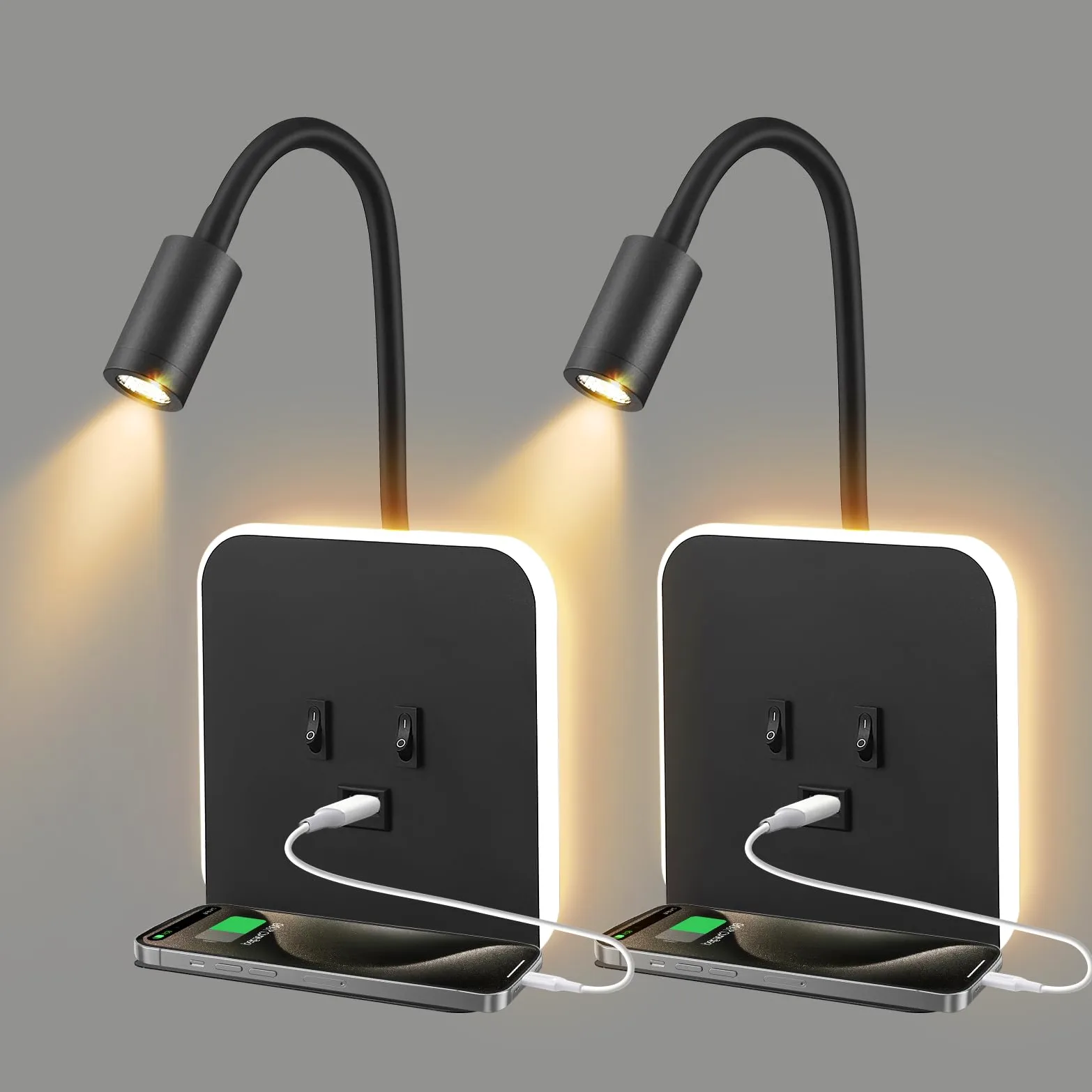 Lampada da Lettura LED 3W + 9W 3000K, Lampada da Parete con Porte USB e Vassoio per Telefono Faretto, faretto da Lettura a Muro Luce Ambientale Regolabile e Flessibile per Camera(Schwarz, 2 Stück)