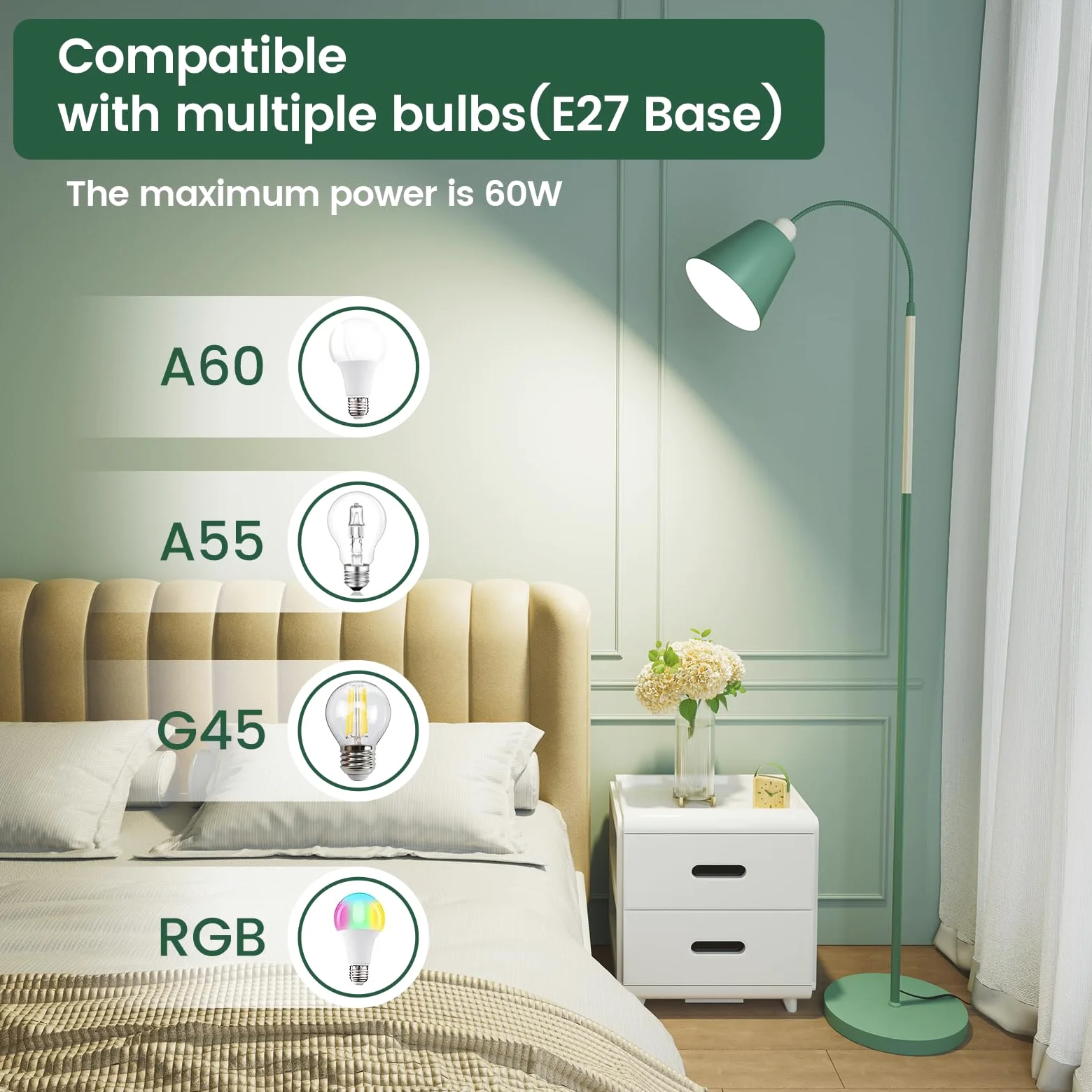 SIBRILLE E27 Lampada da Terra Dimmerabile, con Telecomando, max 60W 3000K-6000K, Altezza 168 cm Lampada da lettura con Testa di luce flessibile per Soggiorno e Studio con Lampada a LED (Conico)