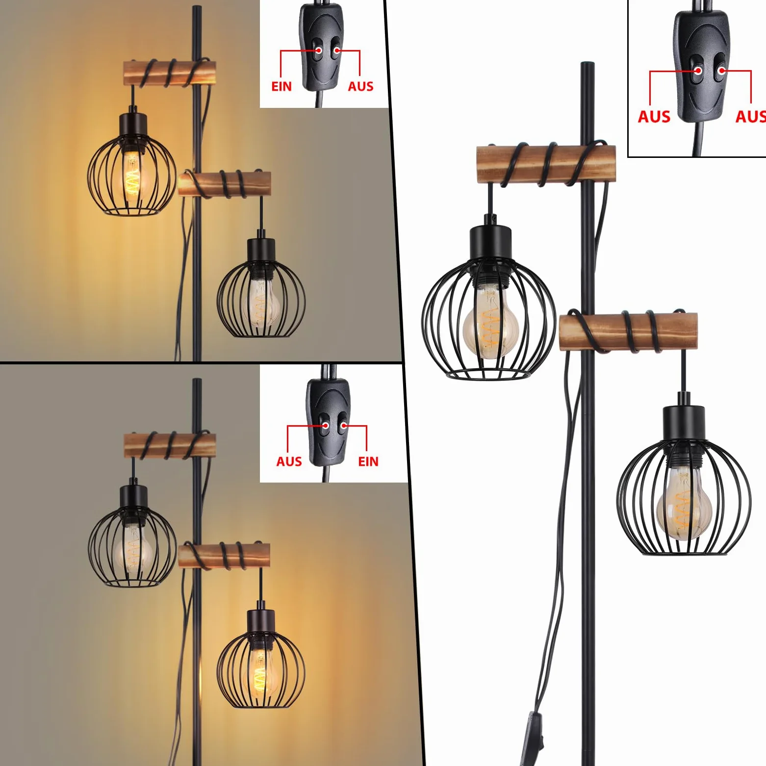 ZMH Lampada da terra nera, lampada da terra per soggiorno in legno - lampada da terra vintage a 2 fiamme in design industriale in metallo con interruttore, attacco E27 152 cm (senza lampadina)