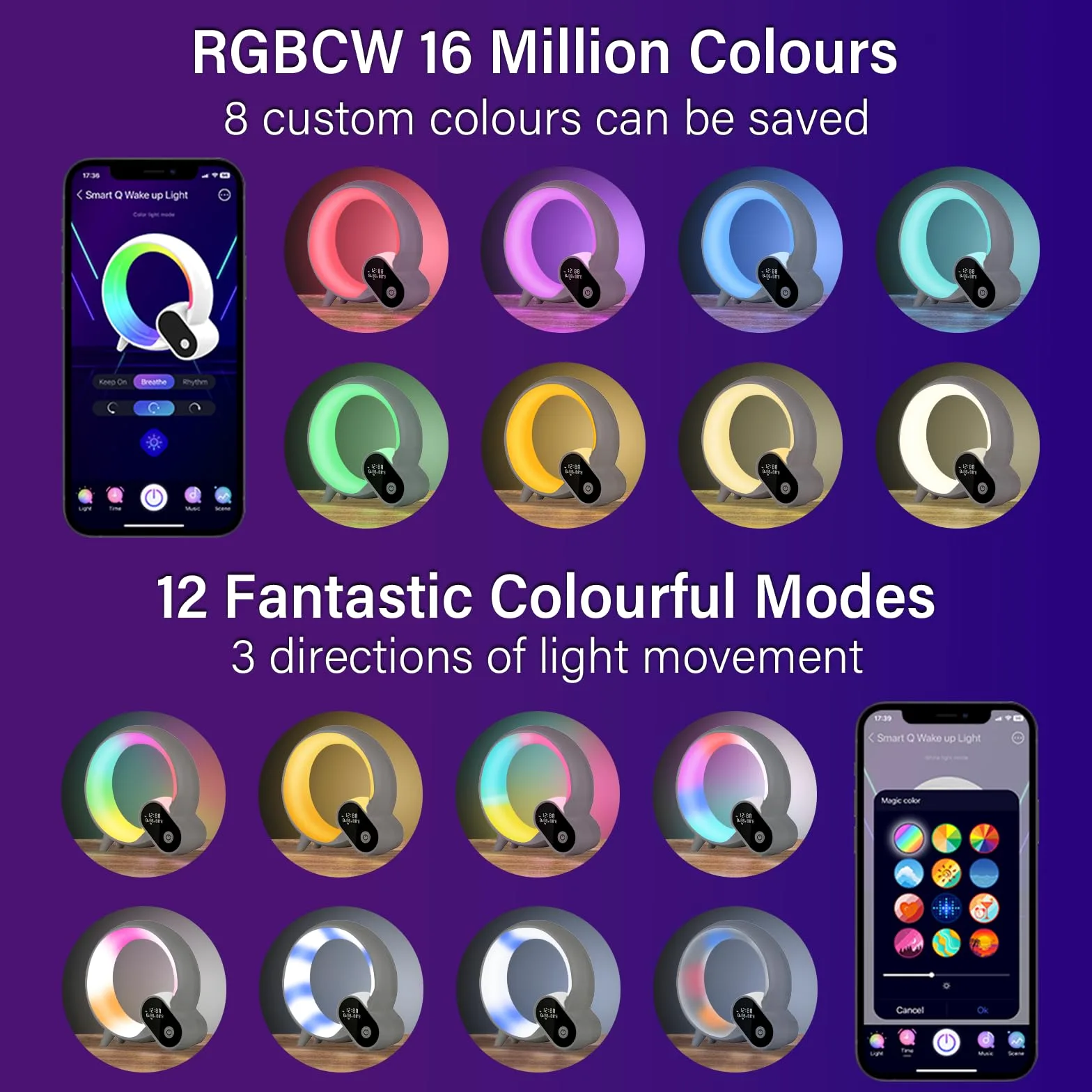 Sunrise Sveglia con luce sveglia – Smart Lights Sound Machine con controllo app, Bluetooth, ora, temperatura, visualizzazione della data, musica sonno atmosfera lampada