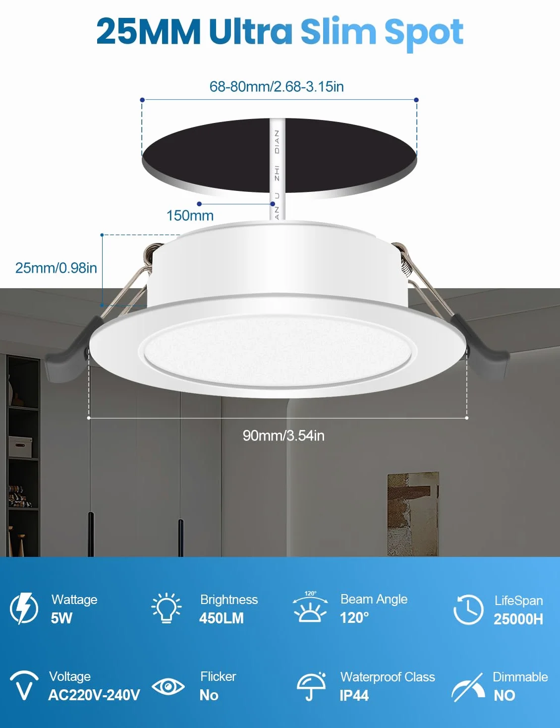 Faretti LED da Incasso, Set da 20, Luce Calda 3000 K, 5 W 450 lm | Foro Ø68-80 mm, Ultrasottili 25 mm, IP44, Non Dimmerabili, Faretti da Soffitto in Cartongesso per Bagno, Cucina e Soggiorno