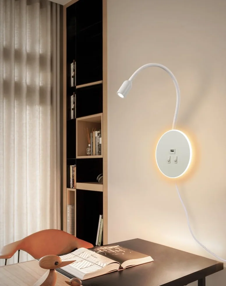 Lampada da Parete a LED,Lampada da lettura flessibile da comodino a collo di cigno,con Porta di Ricarica USB,Luce ambiente camera da letto Luce notturna Faretto (3W 3000K+8W 6000K)Spina,Bianco