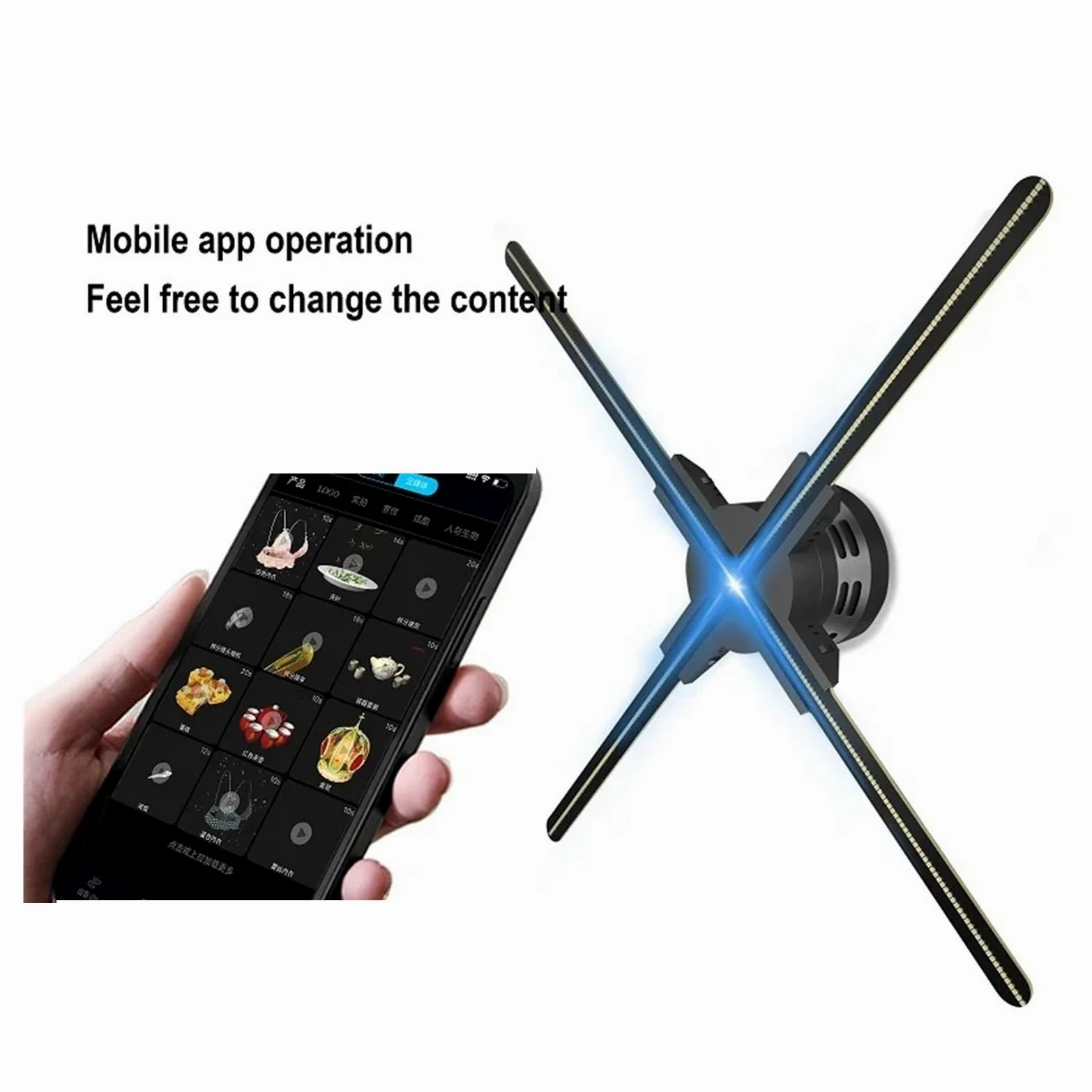 Proiettore olografico 3D da 65 cm con ventola Wi-Fi, display LED, luce pubblicitaria logo, lampada e telecomando Per Halloween, Natale