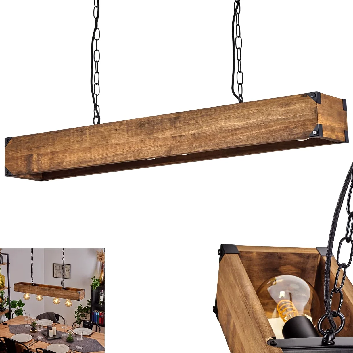 Lampada a sospensione Olomouc, lampada a sospensione in metallo nero, lampada a sospensione con asta in legno, anelli di catena e paralumi regolabili, altezza massima 119 cm, 4 x E27,senza lampadina/e