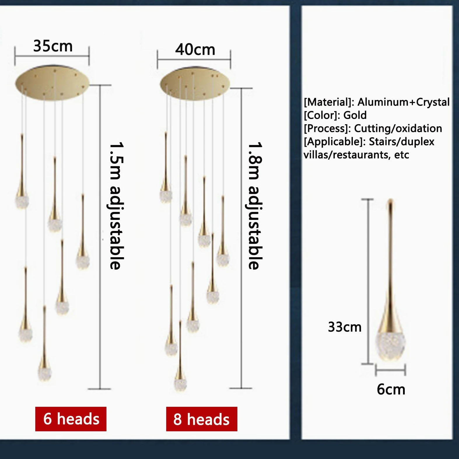Lampadario a LED Moderno a Forma di Goccia d'Acqua per Villa, Lampada Lunga Duplex, 8 Teste