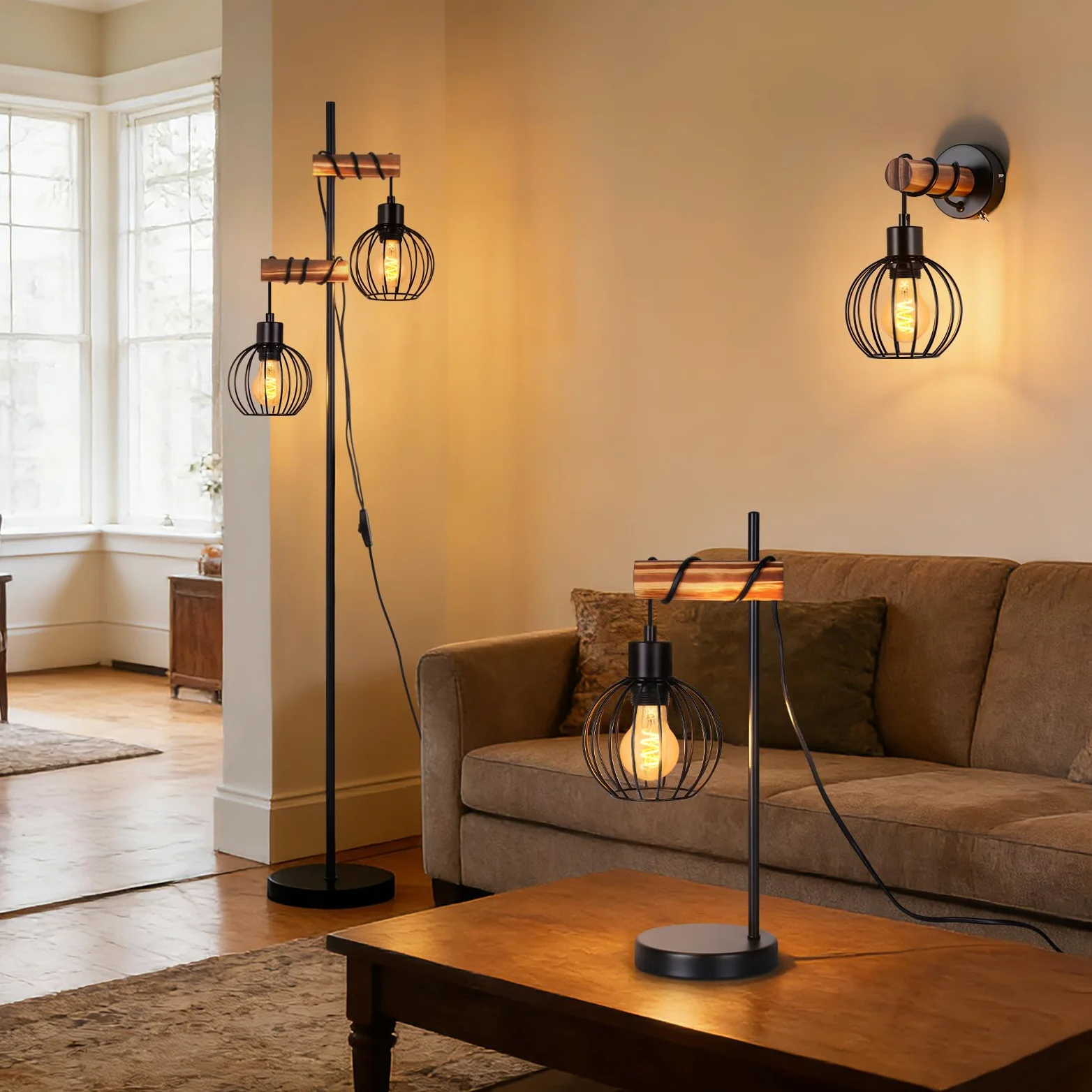 ZMH Lampada da terra nera, lampada da terra per soggiorno in legno - lampada da terra vintage a 2 fiamme in design industriale in metallo con interruttore, attacco E27 152 cm (senza lampadina)
