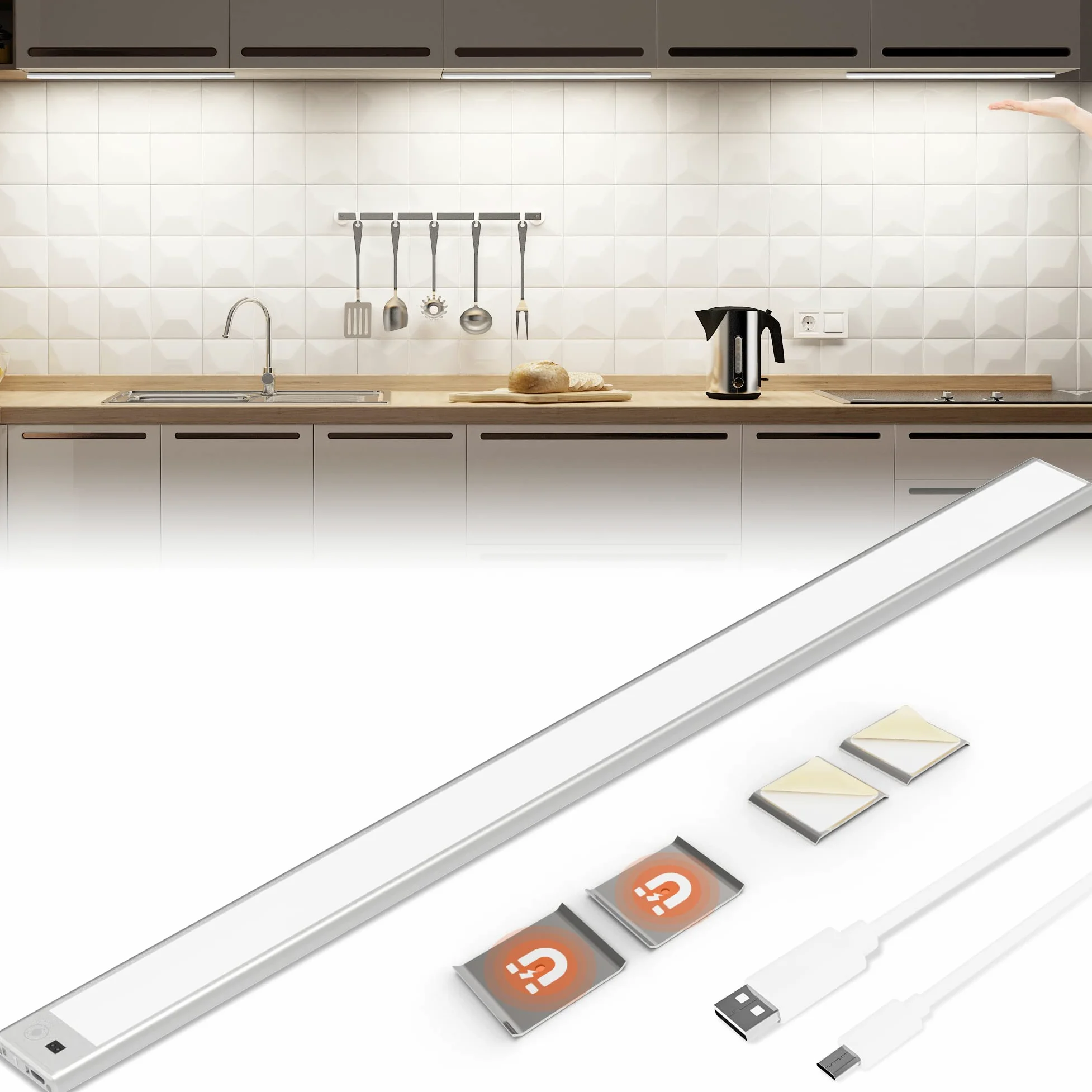 60cm Luce LED Sottopensile con Sensore Movimento a Mano,Barra Luminosa Ricaricabile USB 4500mAh 3Colori Dimmerabile,LED Magnetica Funzione Memoria Senza Fili per Cucina,Armadio,Bagno