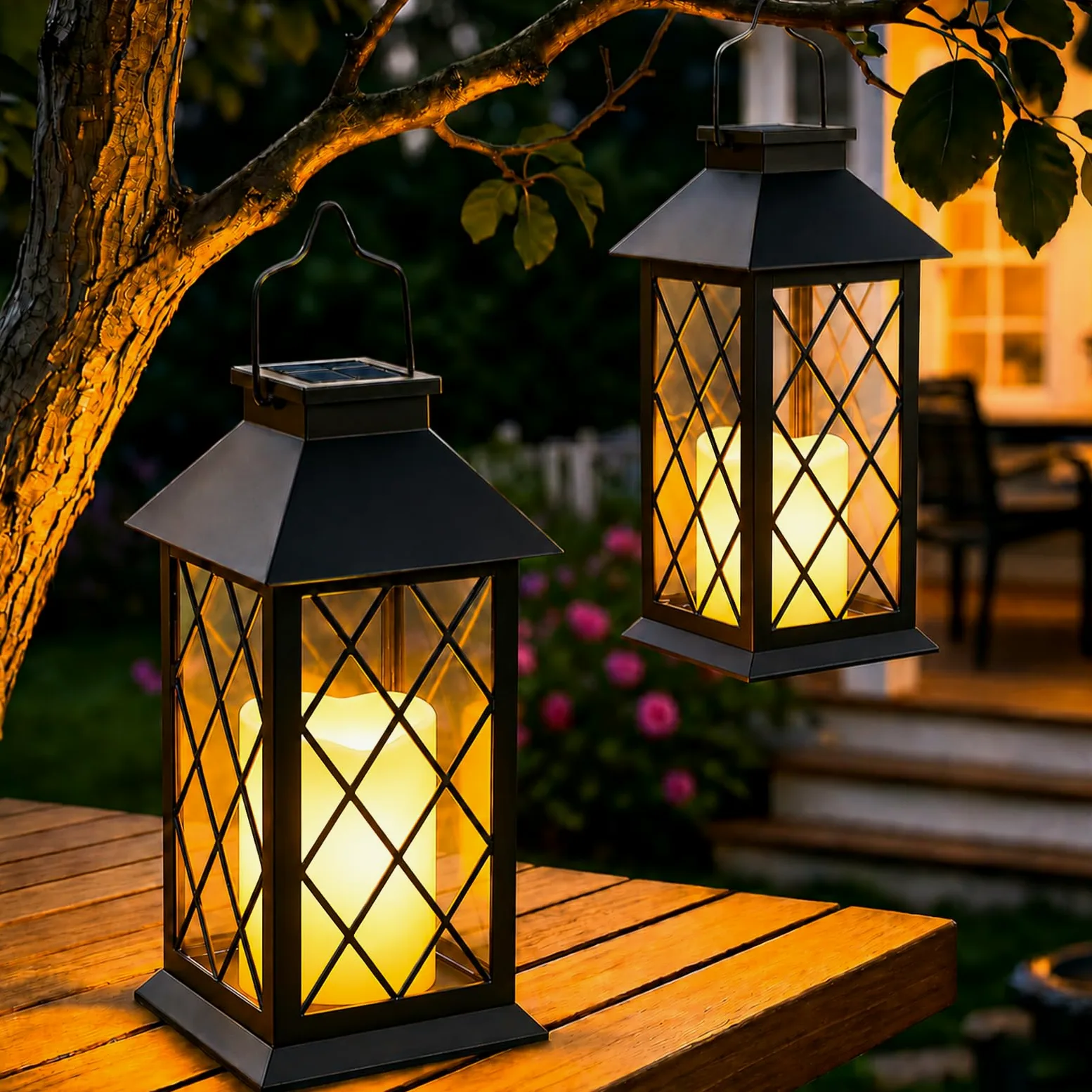 Yowin Lanterne da Esterno 2 Pezzi 22cm Grande Lanterna Solare da Giardino con Candele Tremolante, Vetro Temperato, Lampada Solari da Appendere Impermeabile Lampade da Tavolo per Balconi - Nero