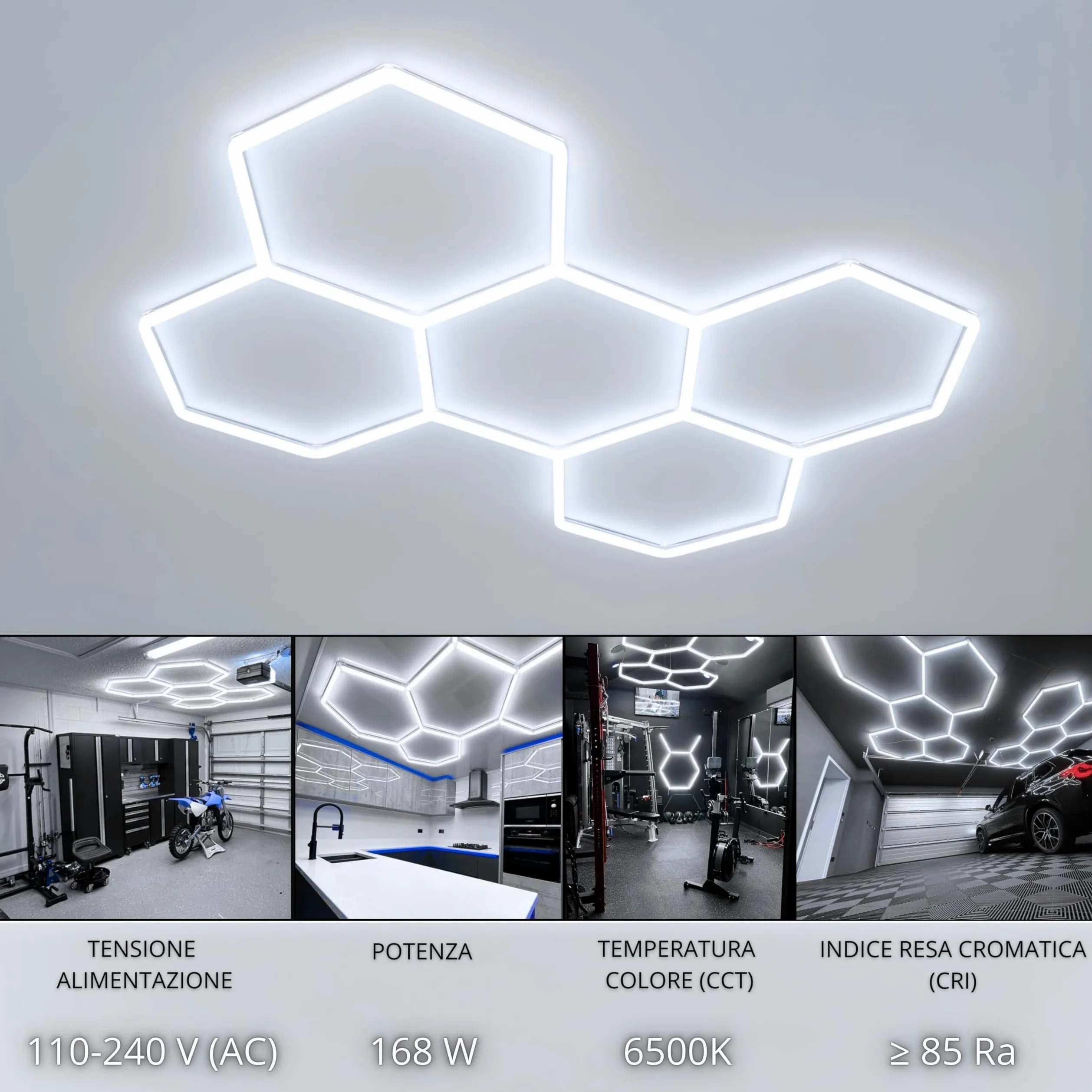 YASTA Plafoniera LED Esagonale 5 Esagoni Garage 168W Luci a Nido D'Ape | Luce Fredda 6500K, Sistema di Illuminazione Modulare Esagonale, Uktra Luminosa, Officina, Palestra e Negozi