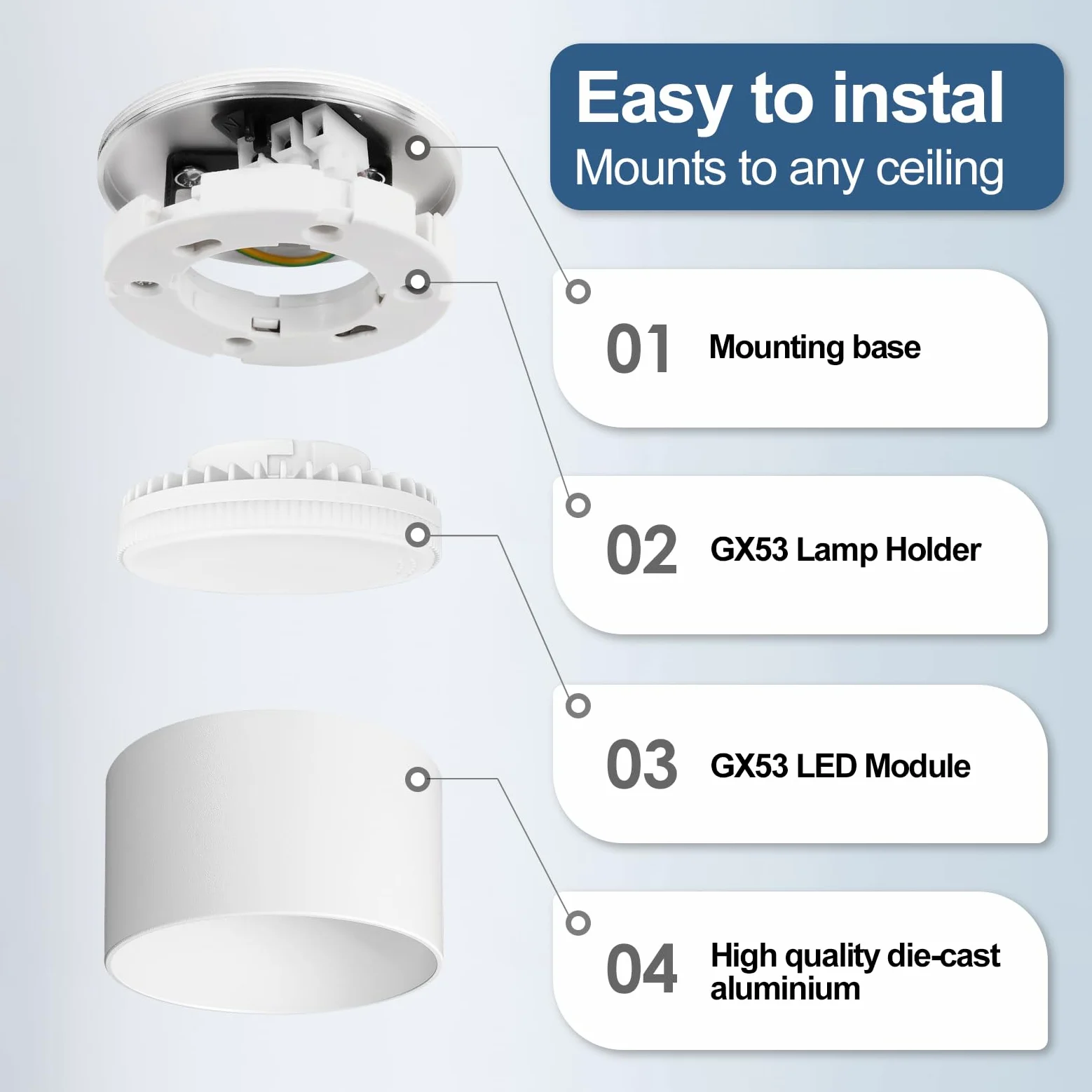 GeyouLux 4x Faretti LED Soffitto - Ø84x50mm - 6W 680LM Faretto LED Interno - 4000K LED GX53 230V Incluso - Angolo del fascio di 180° - Alluminio Lampada da Soffitto (Bianco)