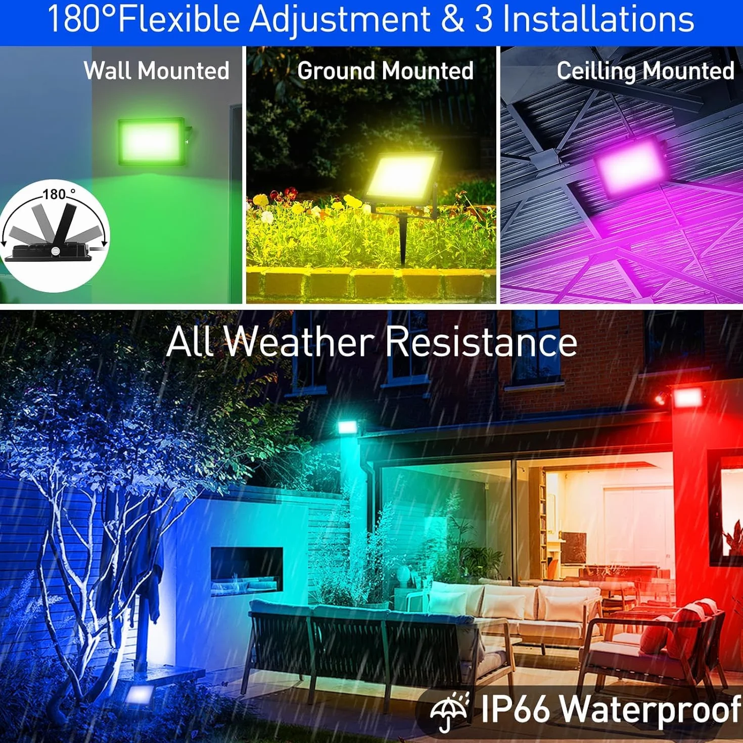 Faretto LED RGB Esterno, T-SUNUS 60W Proiettore LED RGB con APP Bluetooth e Telecomando, IP66 Impermeabile Dimmerabile per Giardino Pasqua Partito Halloween 4 Pezzi