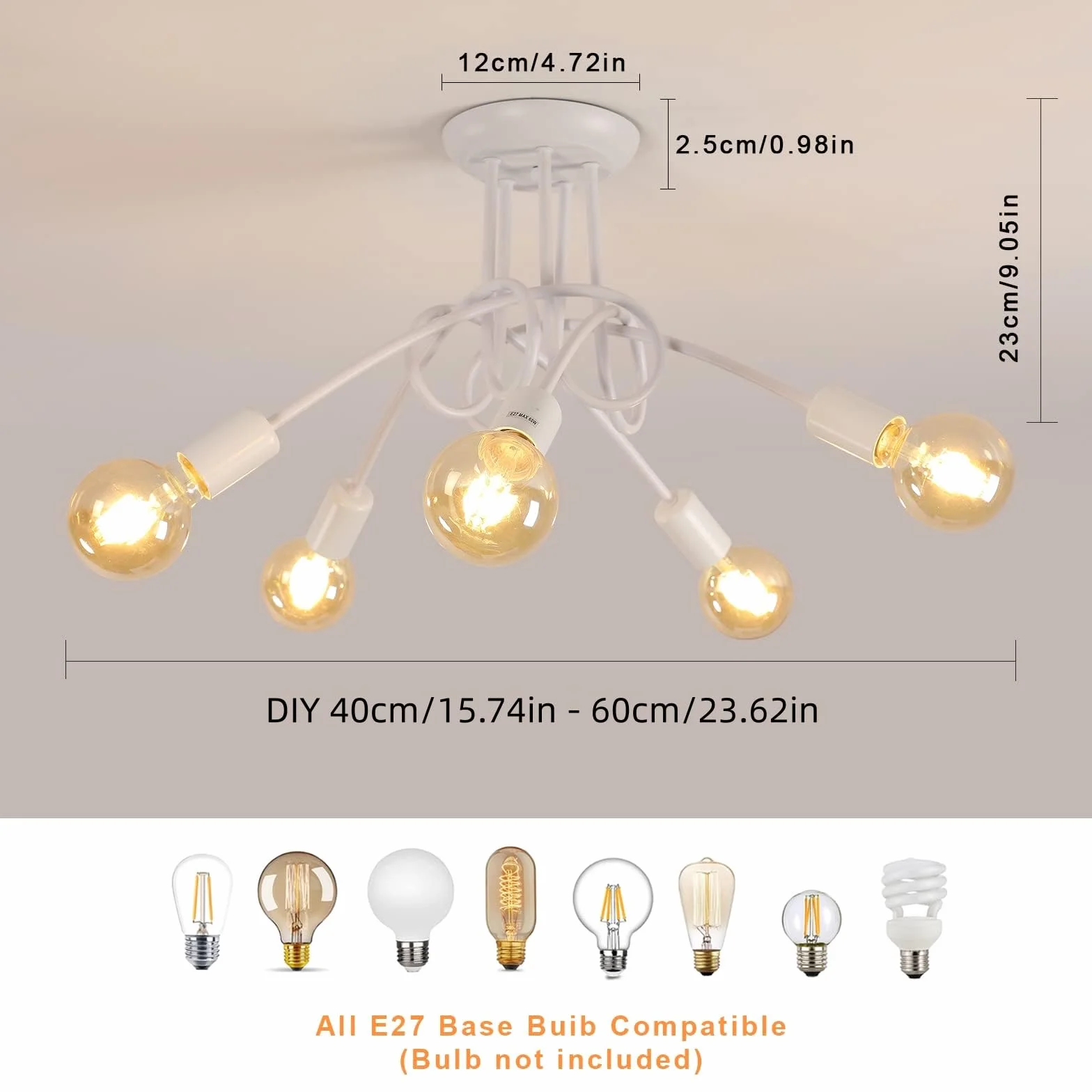 Riserva Lampadario Vintage, Plafoniera Soffitto Industriale E27, 5 Luci Lampada da Soffitto in Metallo per Soggiorno, Cucina, Camera da Letto, Ristorante, Cafe, Bianco (senza lampadine)