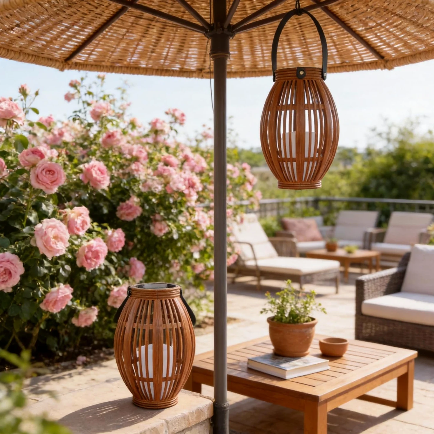 Confezione da 2 lanterne a energia solare con luce LED, design decorativo in tessuto, naturale e nero, per appendere all'aperto