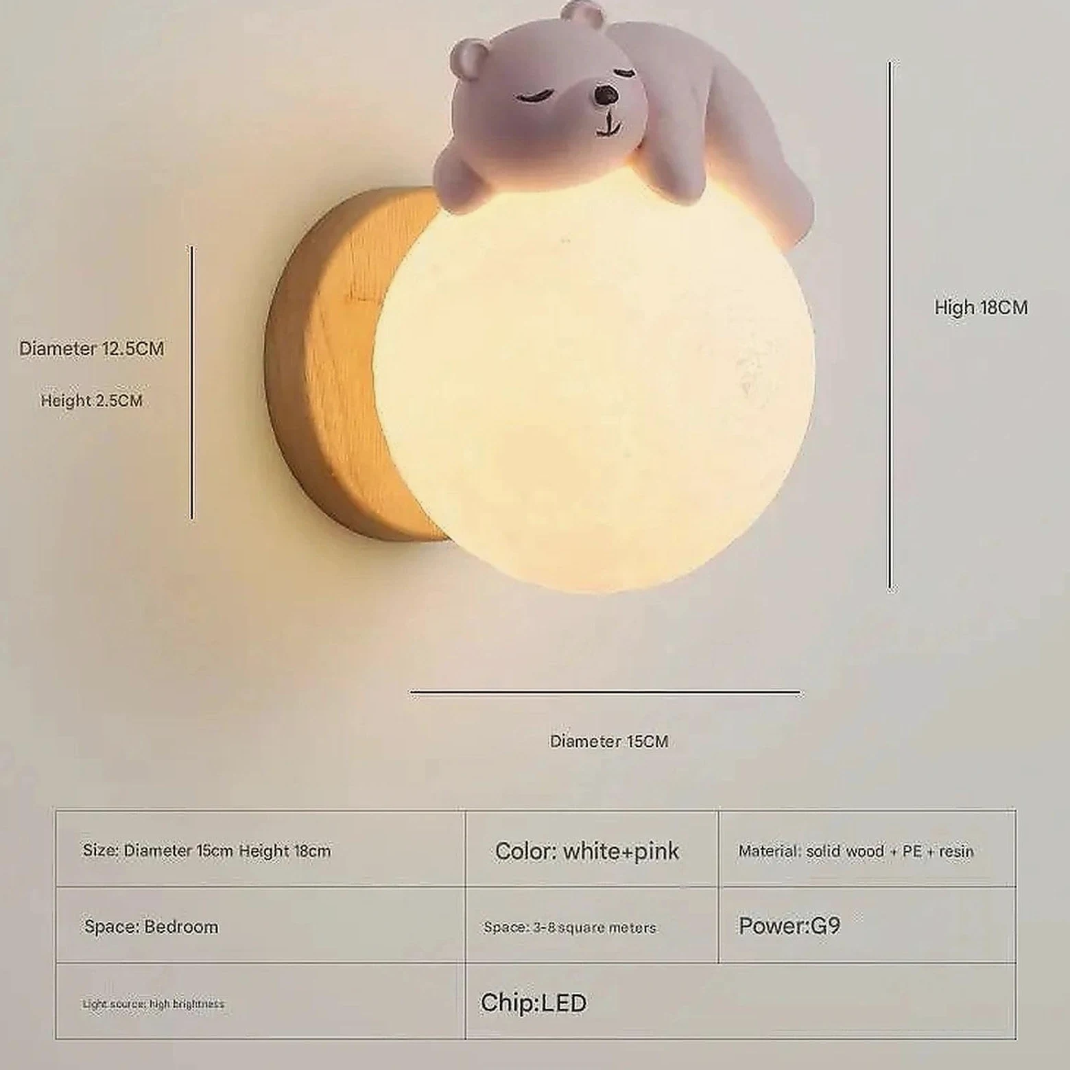 Generico Lampada luna applique da parete LED moderna creativa per cameretta bambini e camera da letto, luce da parete interno con design nordico dimmerabile (Bear)