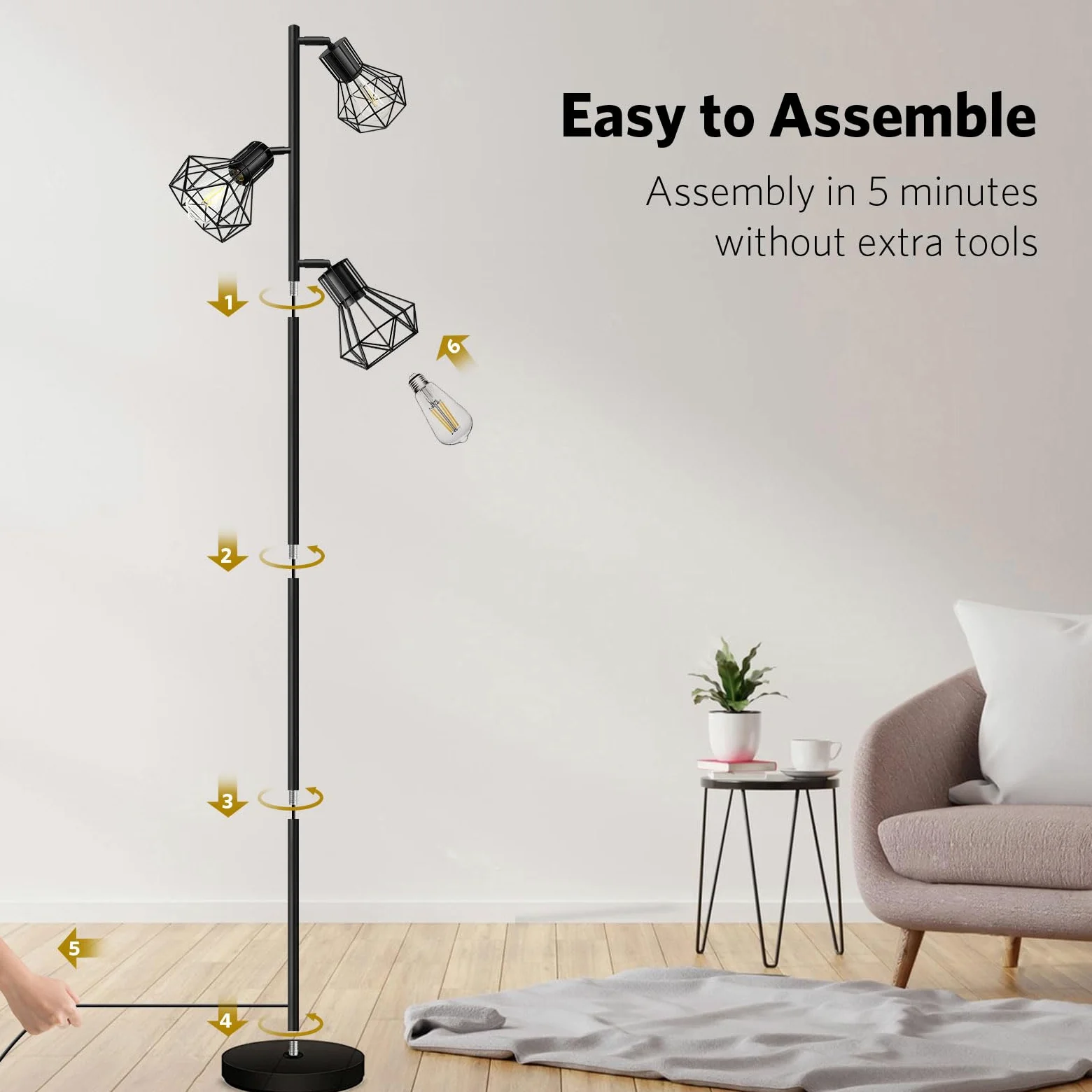 BBHome Lampada da terra industriale, lampada da terra ad albero di fattoria con teste a gabbia regolabili, lampade da terra rustiche per ufficio camera da letto soggiorno, nero (lampadine non incluse)