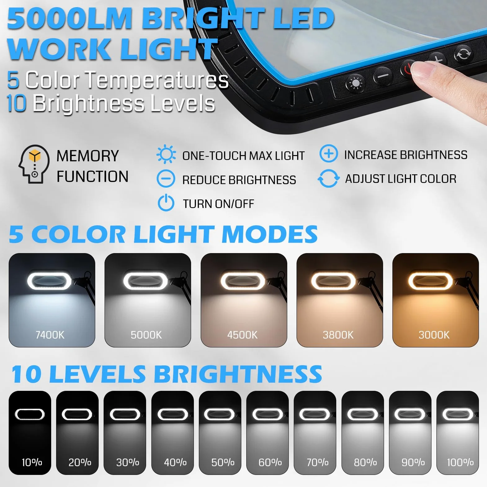 sainsmart Lente d'ingrandimento 12X con luce e morsetto, braccio ultra lungo a 3 sezioni, lente in vetro da 5,3×3,2", 5000LM, 5 temperature di colore e 10 livelli di luminosità