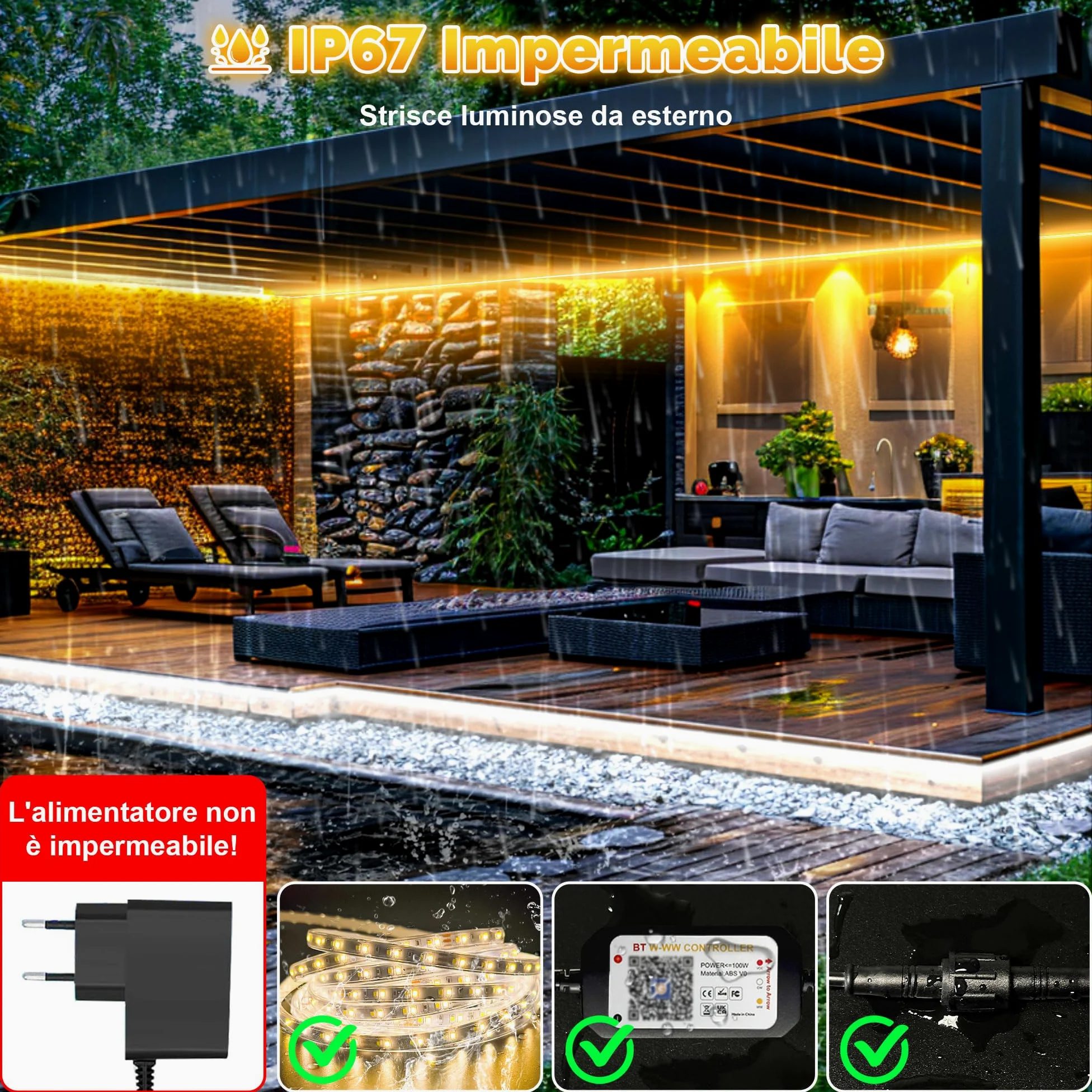 20M Striscia LED Esterno Impermeabile IP67, Luci Esterno LED Dimmerabile Bianca a Luce Calda, Strisce Adesive con Telecomando & APP, Striscia Impermeabile 24v per Cucina da Esterno, Gazebo