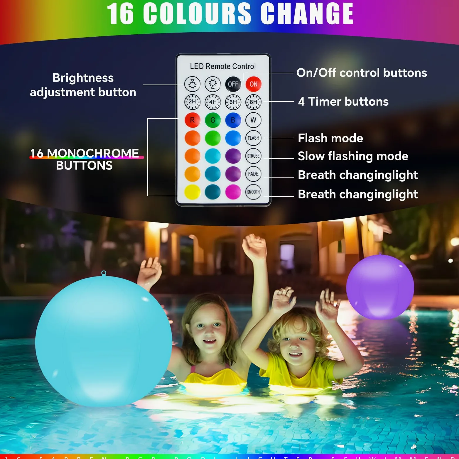 Solari Luci Galleggianti Piscina, 2Pz Solare Lampada Galleggianti Piscina con Telecomando,13.4In 16 RGB Solari Lampada Palle Luminose da Giardino Solari, IP68 Palle Luminose per Piscina Esterno