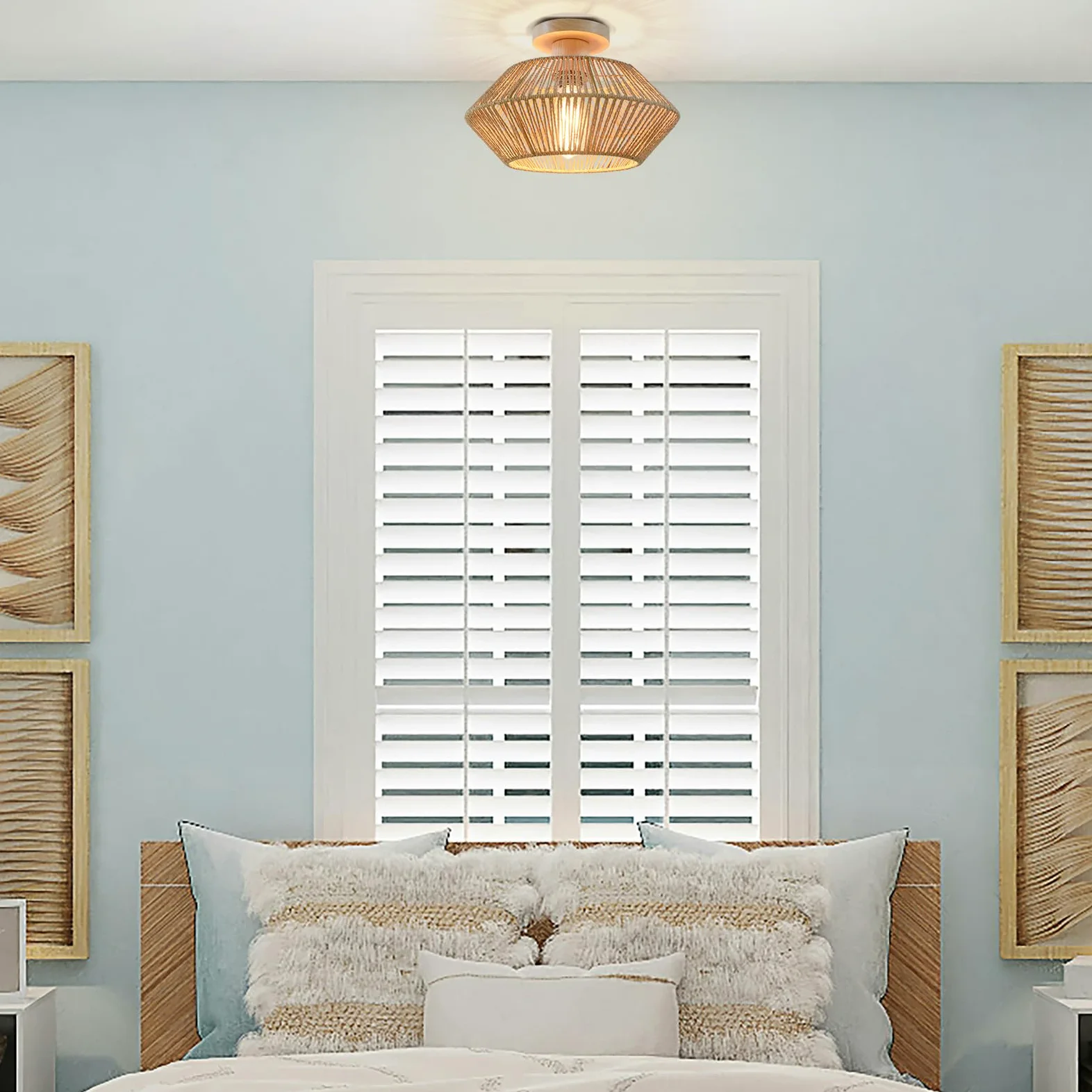 Plafoniera Soffitto Camera da Letto Boho in Rattan, Lampadario Soffitto Intrecciato a Mano a 1 Luce, Plafoniere da Soffitto in Legno per Fattoria per Soggiorno, Cucina, Ingresso, Corridoio