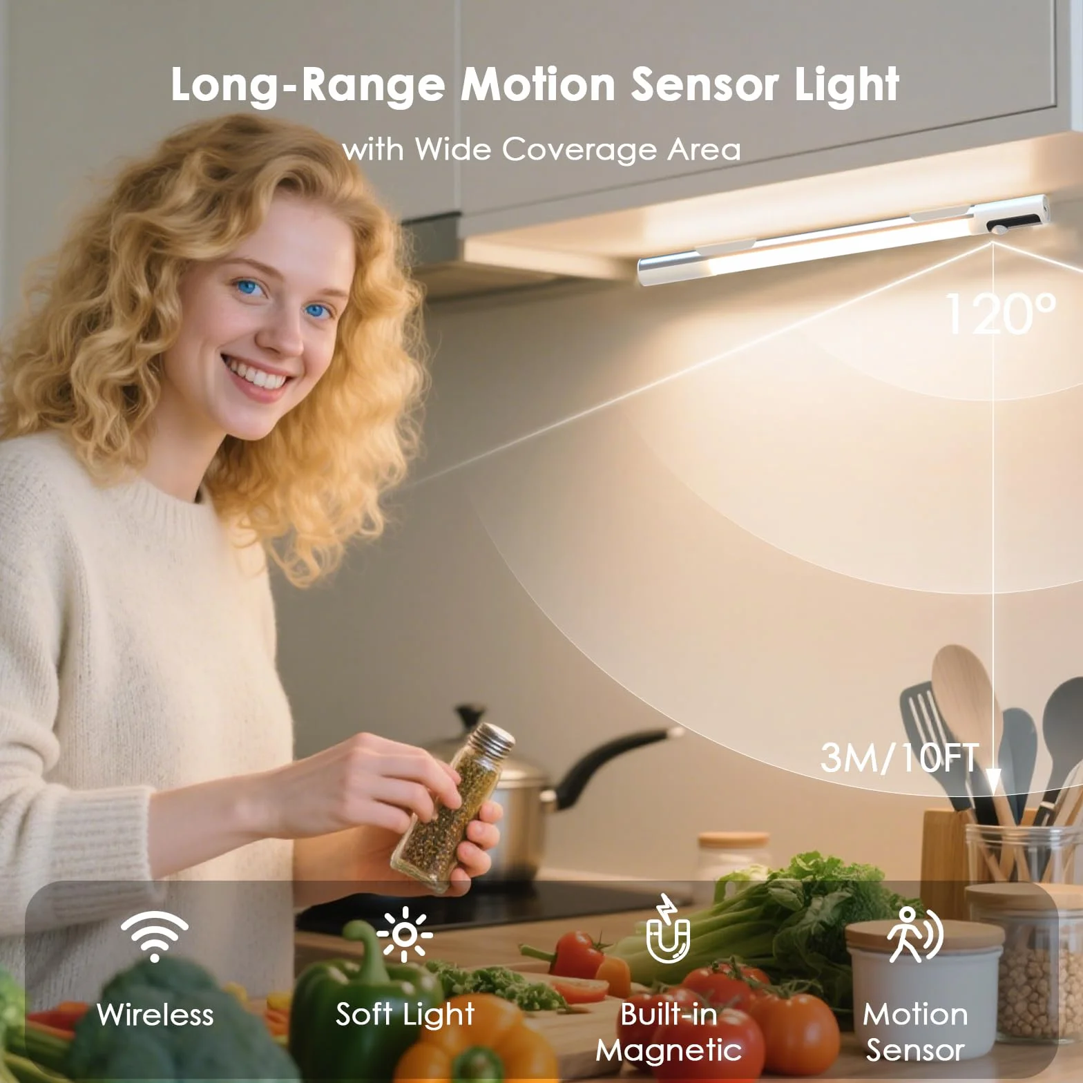 Quntis 38CM LED Sottopensile Cucina con Sensore di Movimento, 3 Modalità di Colore Luci LED Cucina, 2000 mAh Ricaricabile USB, Luci per Armadio con Display per Interno, 2 Pezzi, Bianco