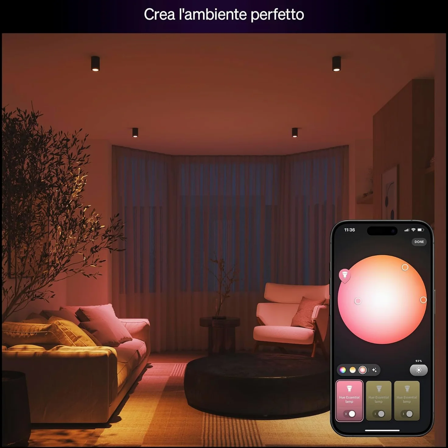 Philips Hue Essential Smart LED GU10 (Confezione da 4), Lampadina smart con luce bianca e colorata, Lampadina intelligente 4.7 W, Luce smart compatibile con Alexa, Google Assistant e Apple Home