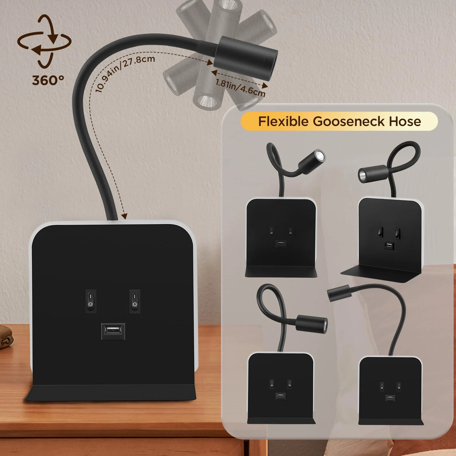 Lampada da Lettura LED 3W + 9W 3000K, Lampada da Parete con Porte USB e Vassoio per Telefono Faretto, faretto da Lettura a Muro Luce Ambientale Regolabile e Flessibile per Camera(Schwarz, 2 Stück)
