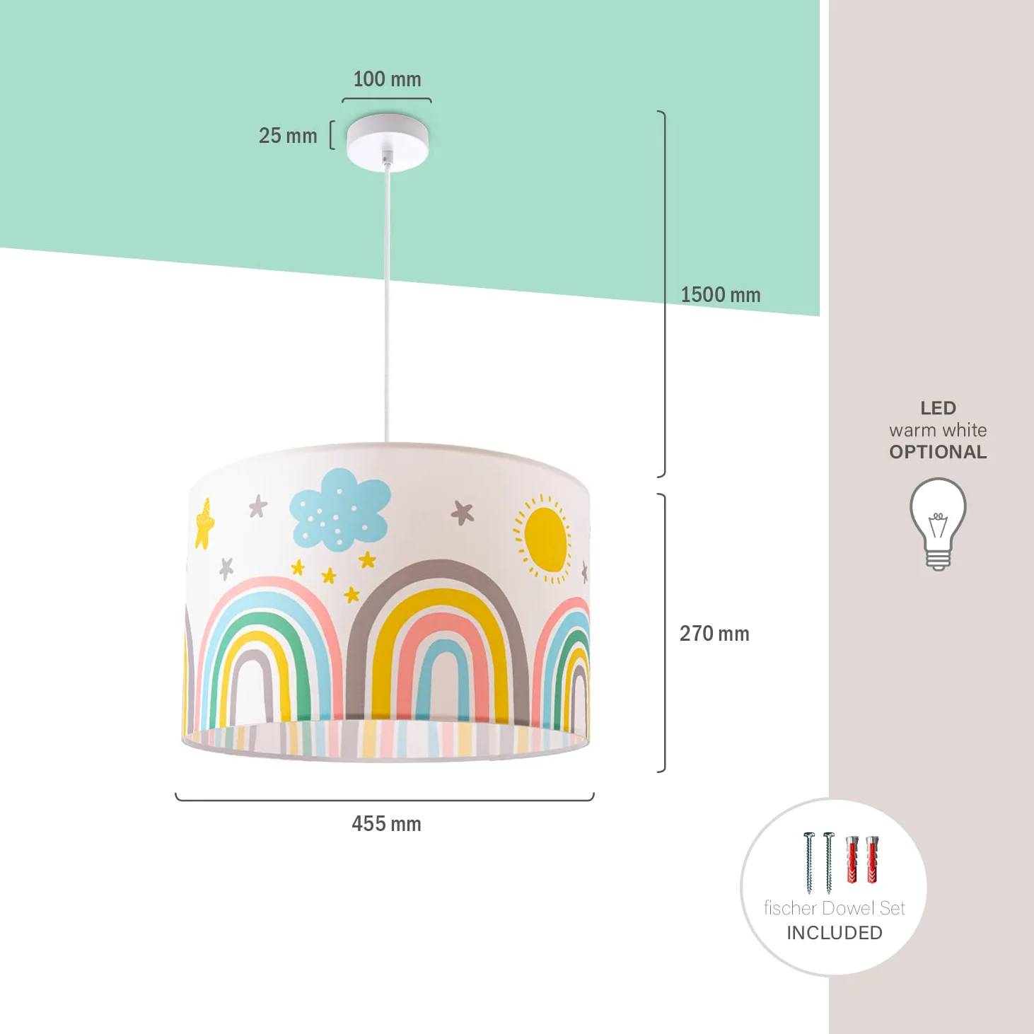 Paco Home Bambini Sospensione Cameretta Dei Bambini Paralume Tessuto Rotondo E27 Arcobaleno