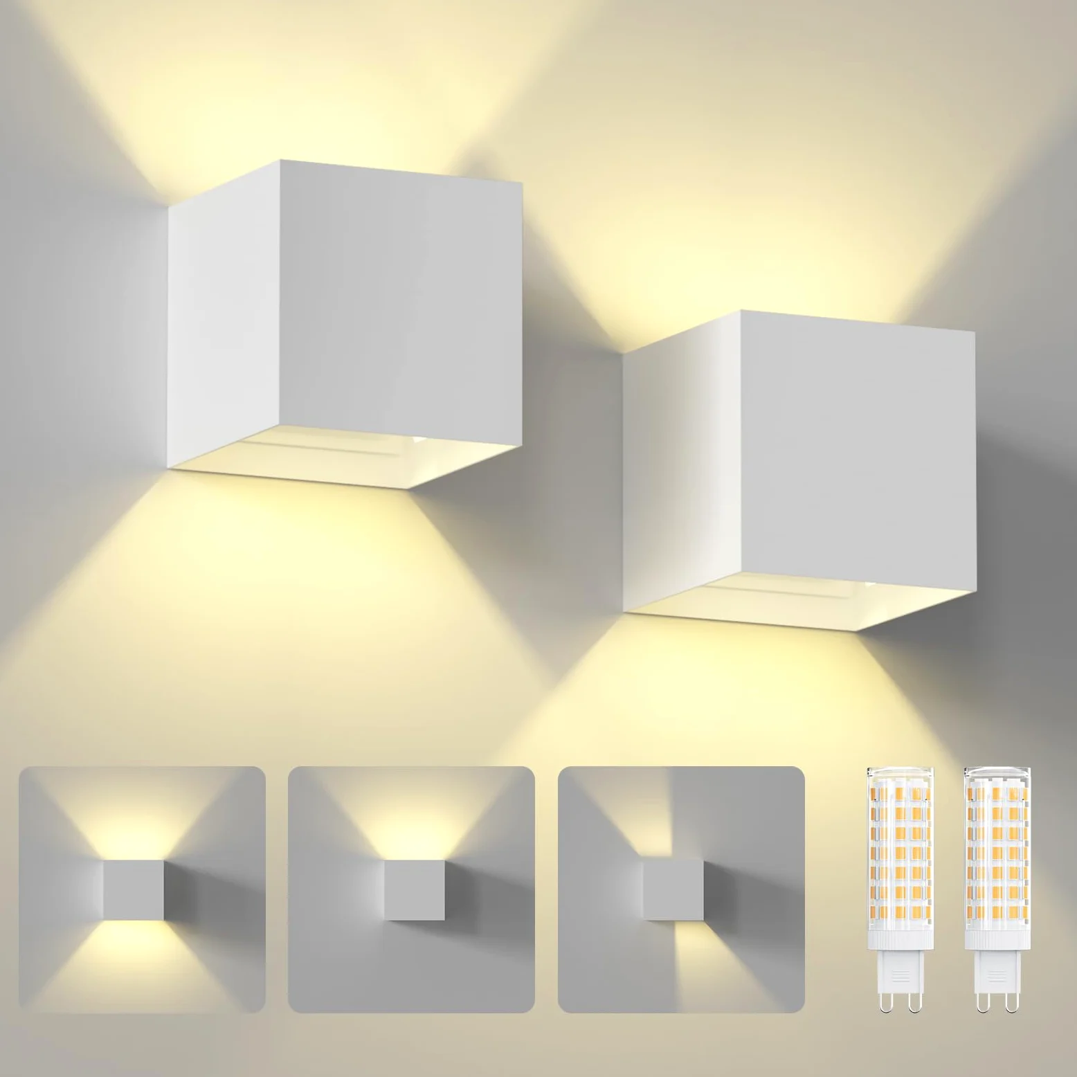 ChangM 2 Pezzi 7W Applique da Parete Esterno Interni LED Lampada, IP65 Lmpermeabili con Lampadina Sostituibile G9 LED, Bianco Caldo 3000K, Angolo del Fascio Regolabile Applique, Guscio Bianco