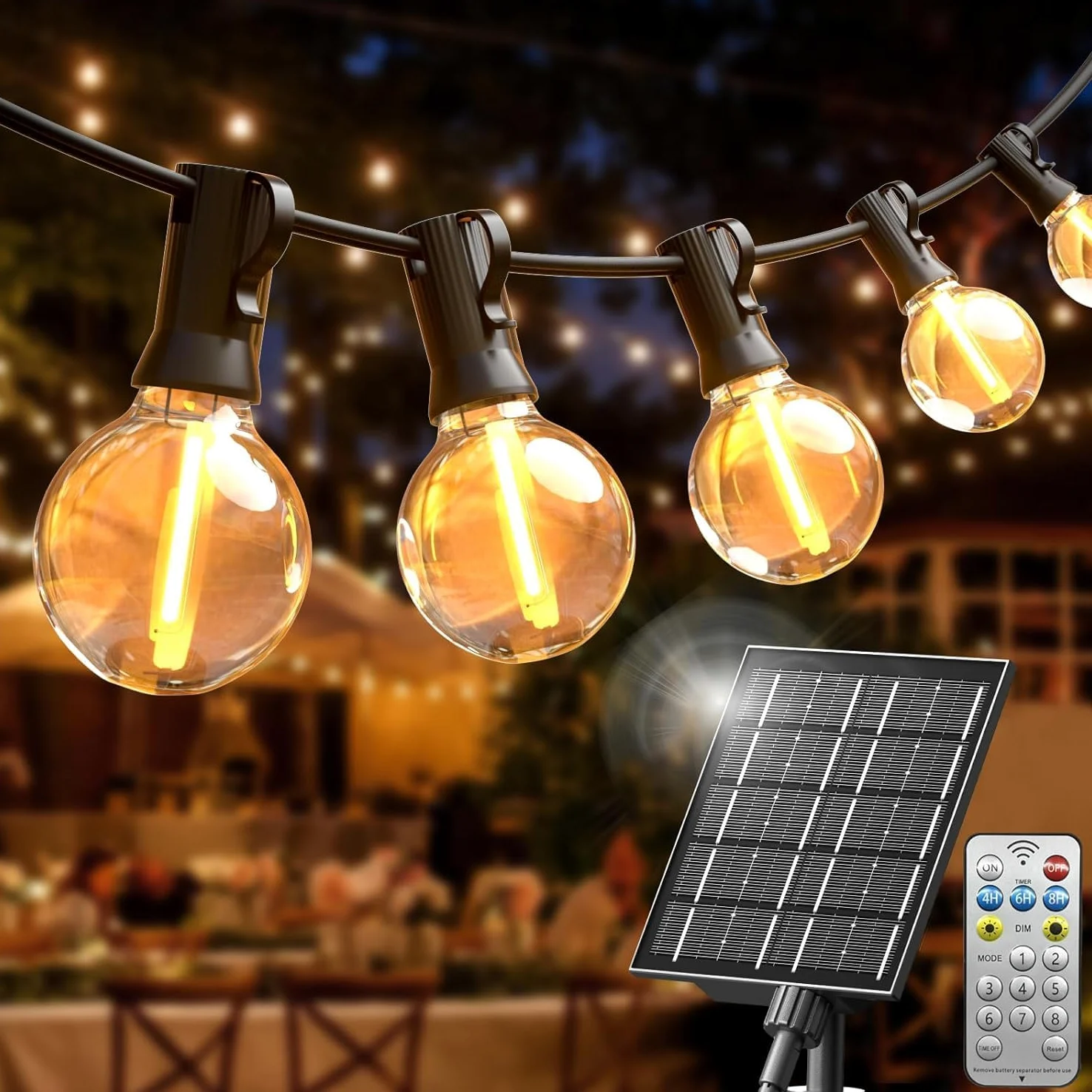 Ghirlanda di lampadine a energia solare per esterni, 20 m, con 30 + 2 lampadine G40, impermeabile IP44, per giardino, terrazza, matrimoni, bistrò, feste, bianco caldo