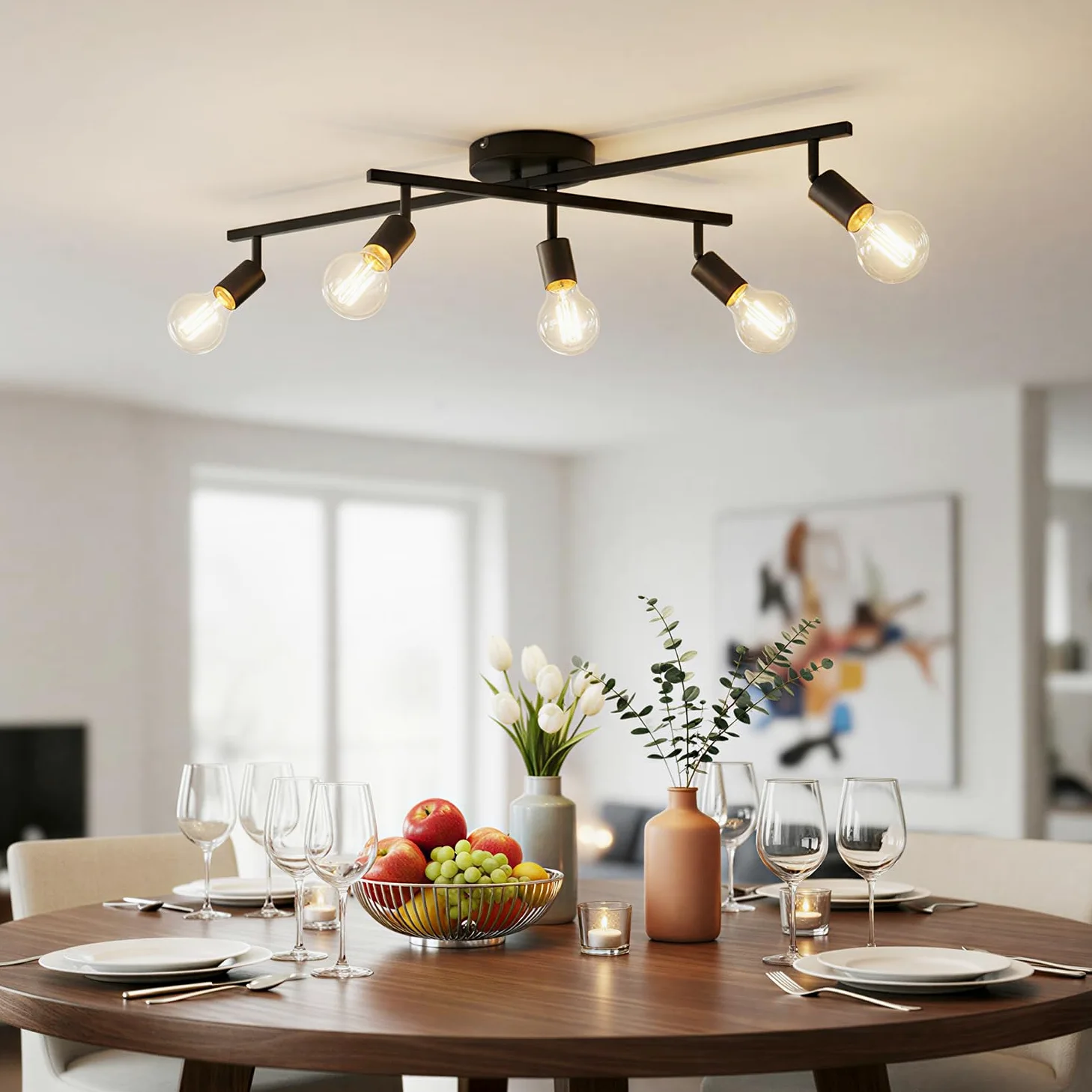LVWIT Faretto LED Interno Nero, Lampadario Faretti con 5 Attacco E27, Faretti Soffitto Moderna, Faretti Orientabili per Barra, Salotto, Cameretta, Cucina,Corridoio Illuminazione (Senza Lampadina)