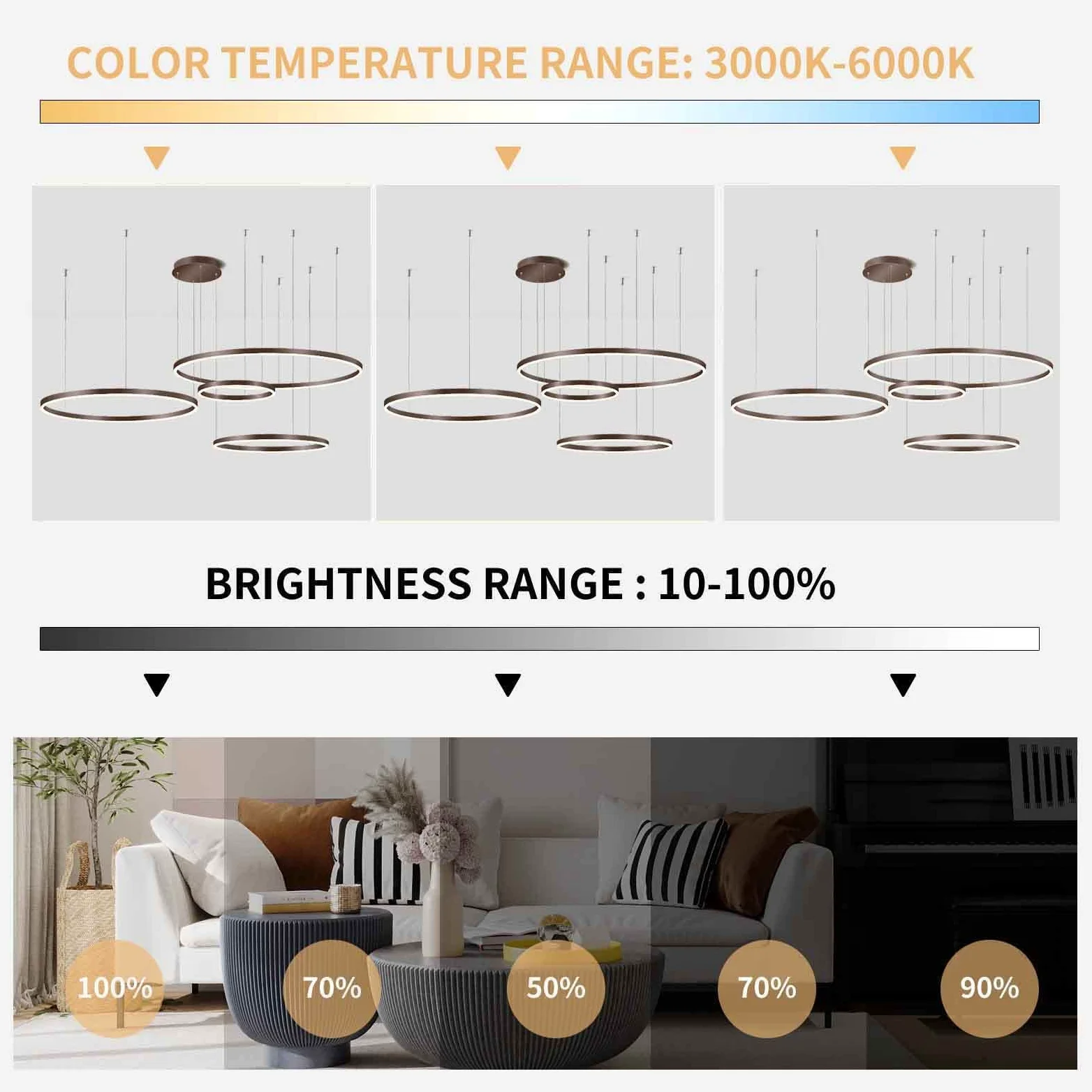 Moderna lampada a sospensione a LED, 4 anelli collezione di vernice oro, applique a sospensione a luce regolabile Lampadario a soffitto moderno, dimmerabile con telecomando 3000K-6000K - 68W (