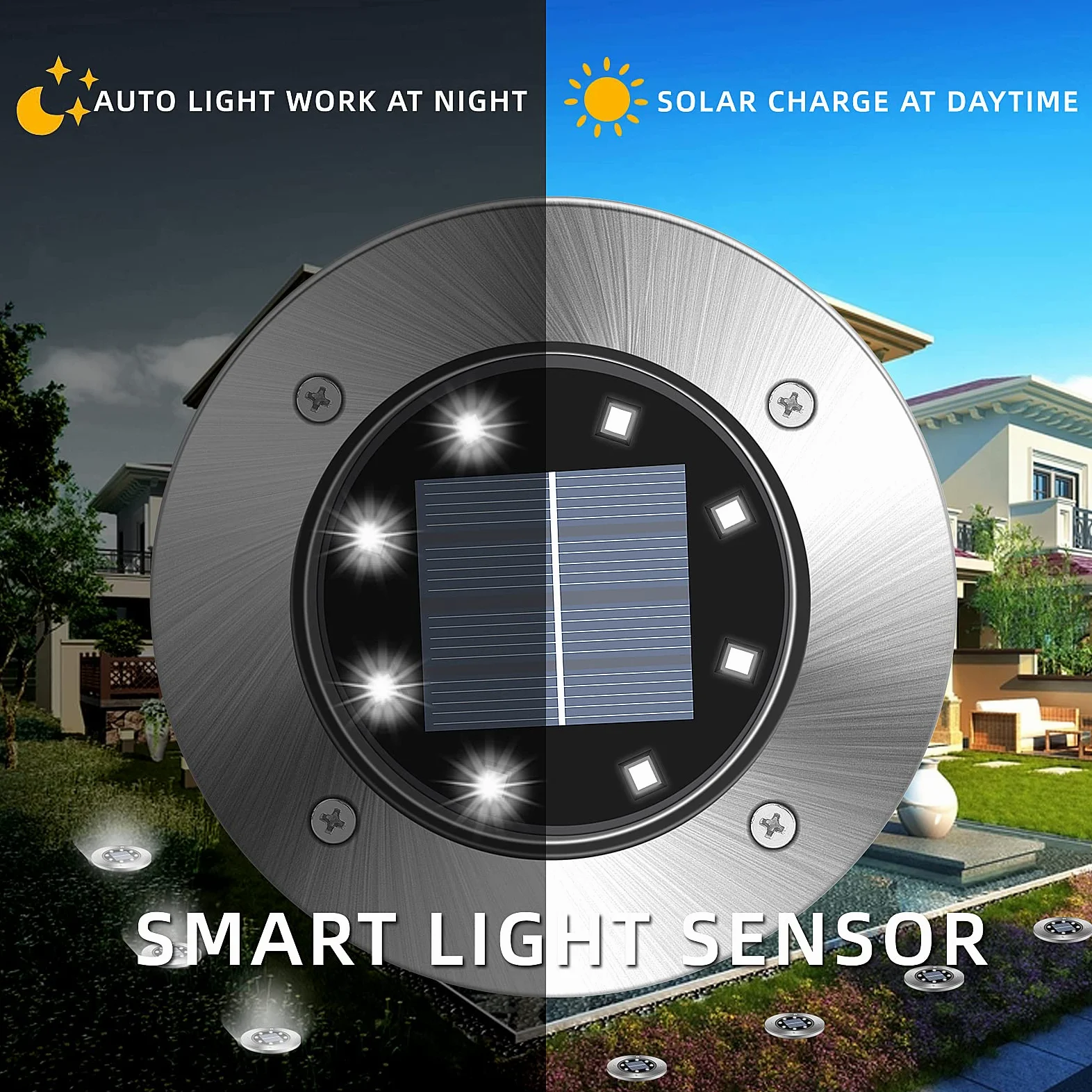 MOCOST Confezione da 8 luci solari da terra, 8 LED intelligenti, luci solari a disco, lampada impermeabile per esterni, per cortili, giardini, prati, marciapiedi (bianco freddo)