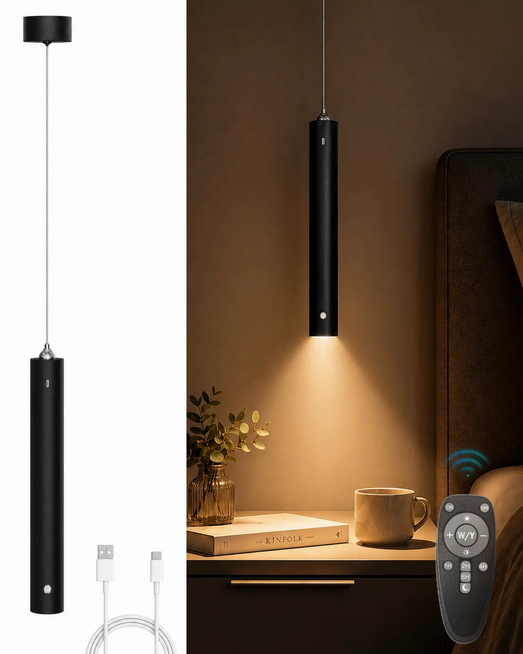 ACMHNC Lampada a Sospensione a Batteria Senza Fili,5W LED Sospensione Ricaricabile USB-C 4500mAh con Telecomando,Dimmerabile 3000K/4000K/6000K, Timer,Lampadario Camera da Letto Cucina, Nero,Ø4x30cm